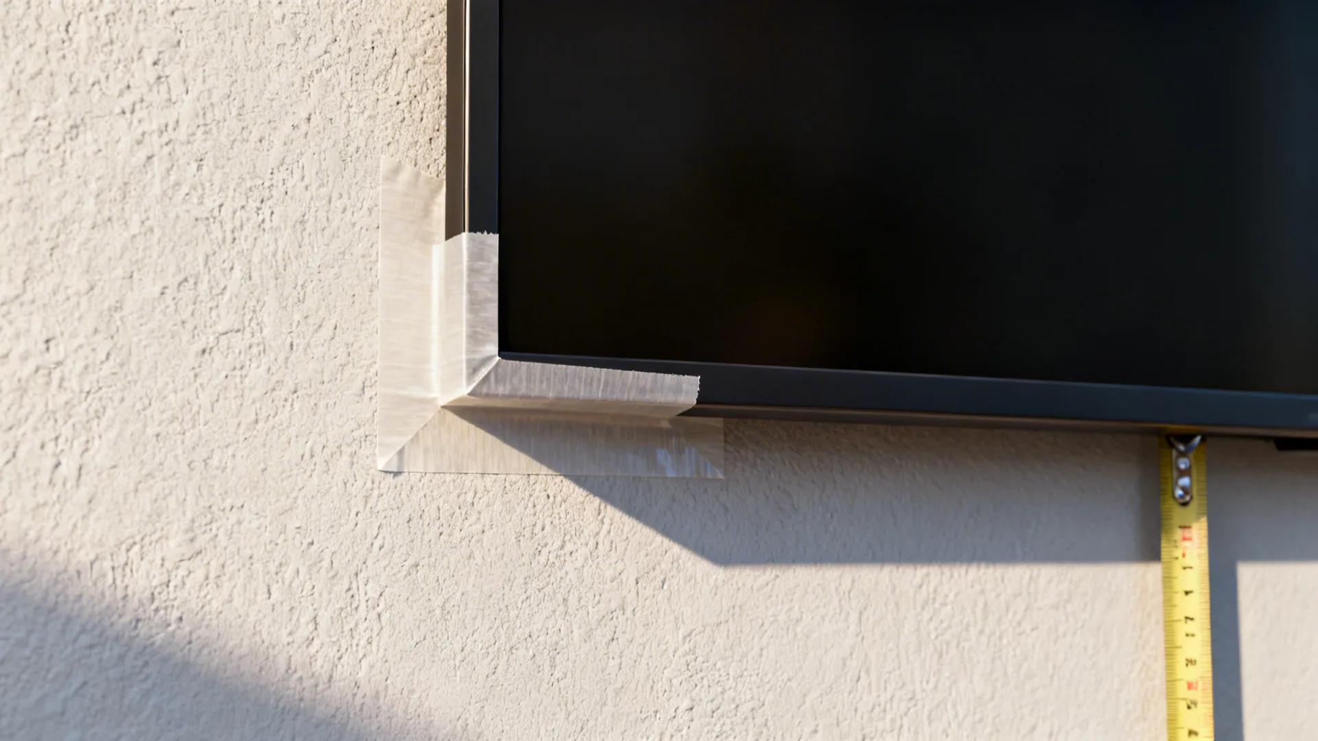 Close-up of painter's tape on a wall representing TV dimensions for mock-up testing.