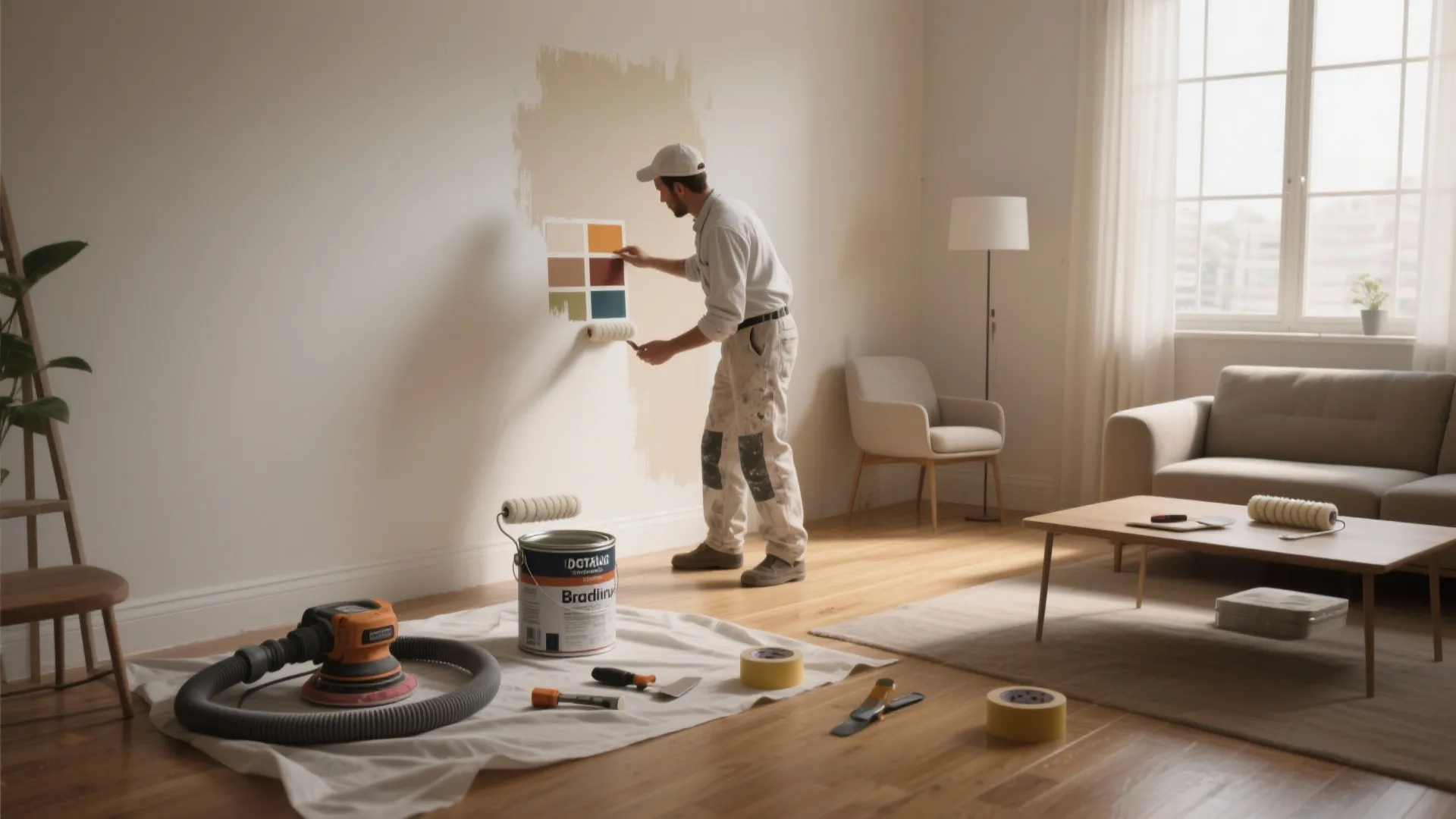 Man painting a living room wall near furniture with tools and paint cans on floor