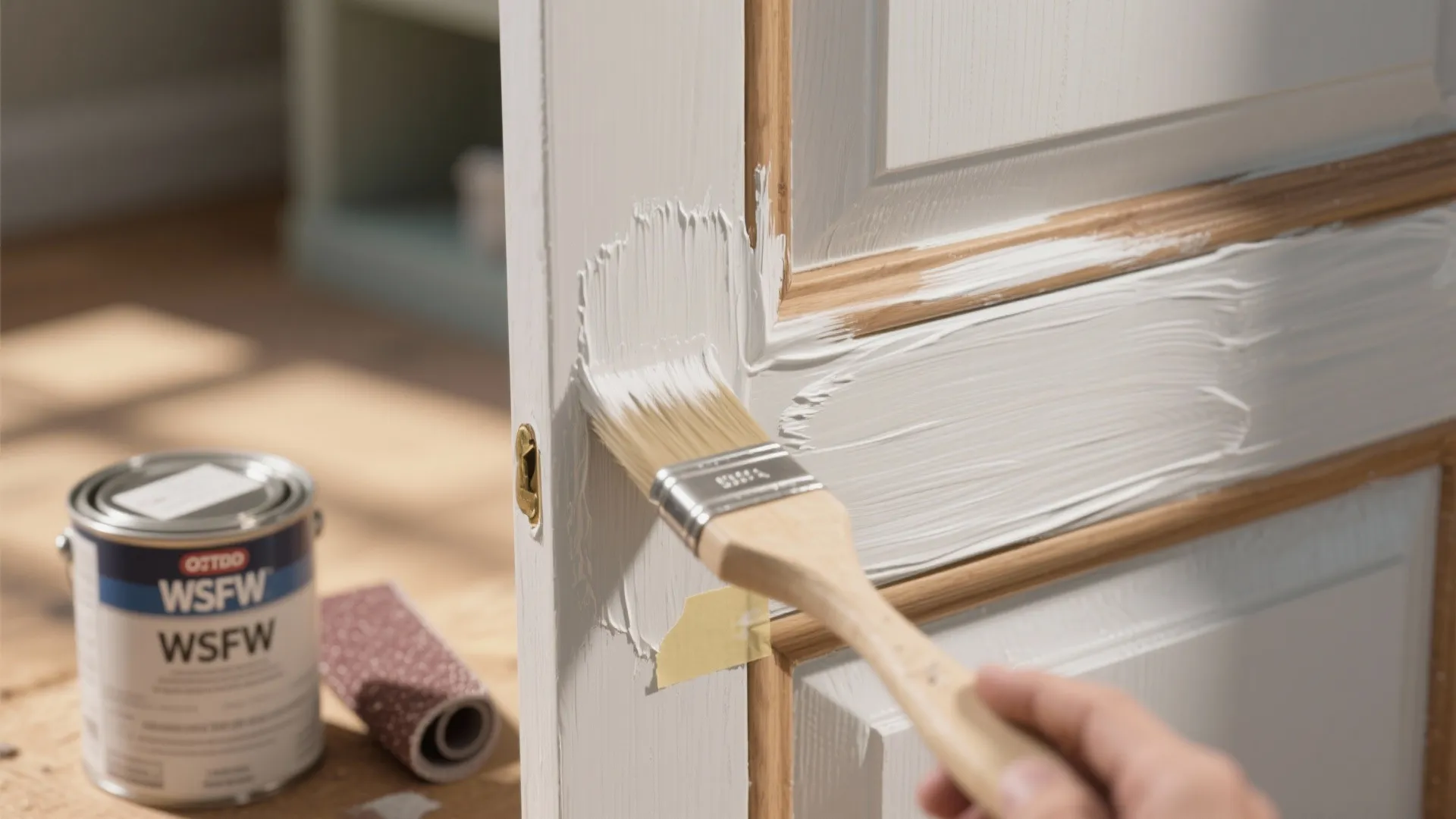 Hand using a brush to apply white paint on a wooden door during a home renovation