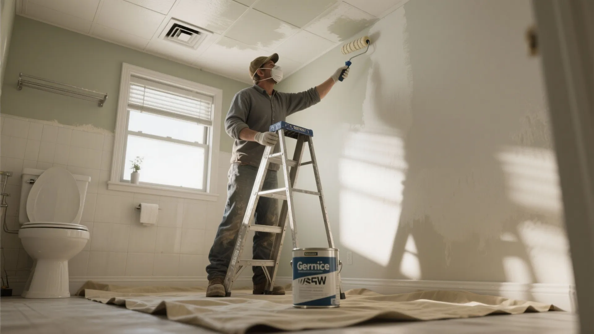 Man wearing a mask stands on a ladder painting a white bathroom wall and ceiling