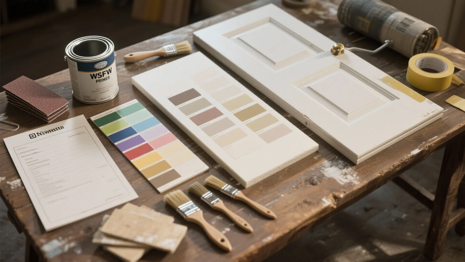 Top-down flatlay of painting tools, primer, swatches and a 6x12 test patch representing practical prep steps.