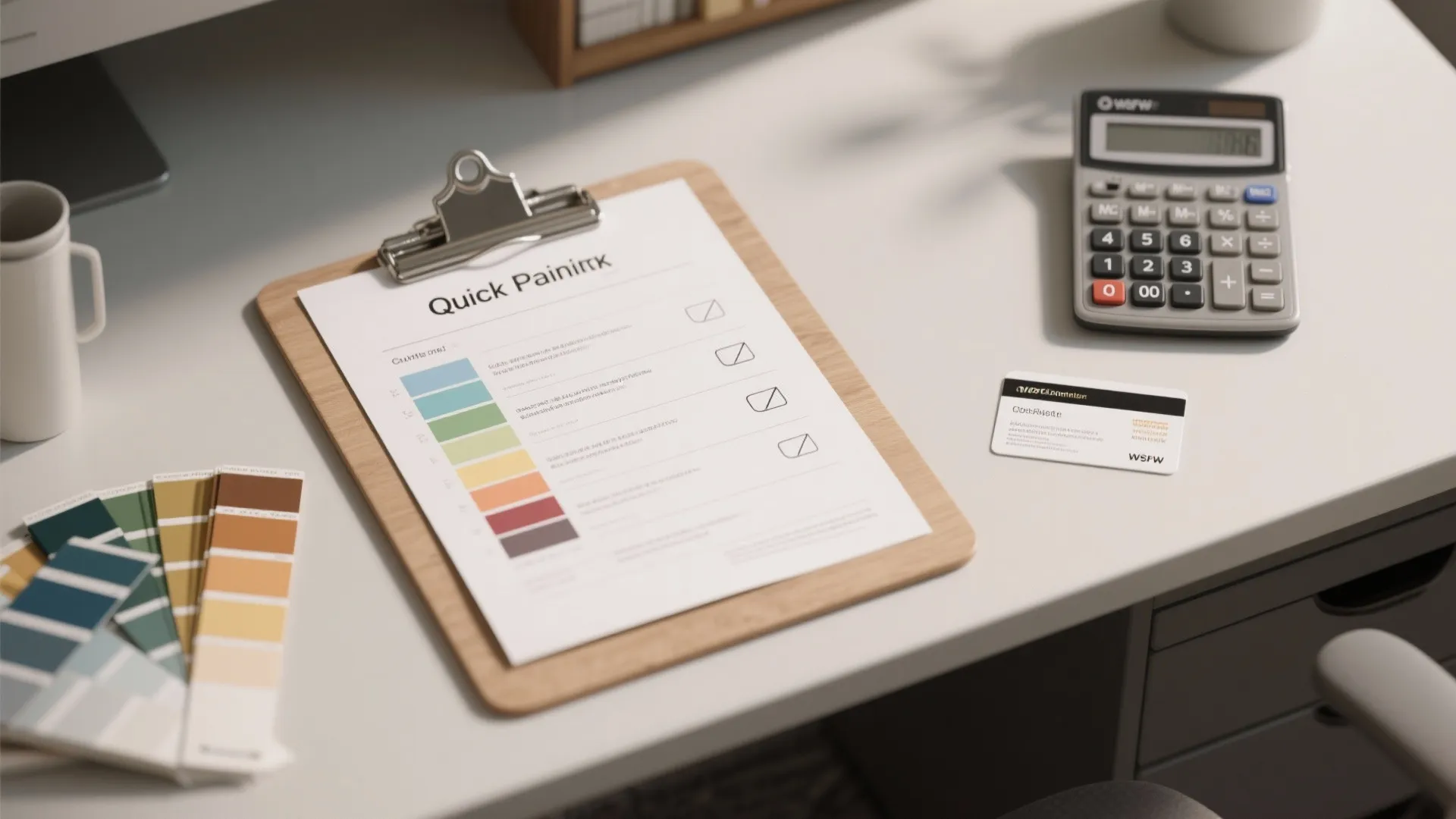 Office desk with paint checklist on clipboard calculator color samples and business card in sunlight