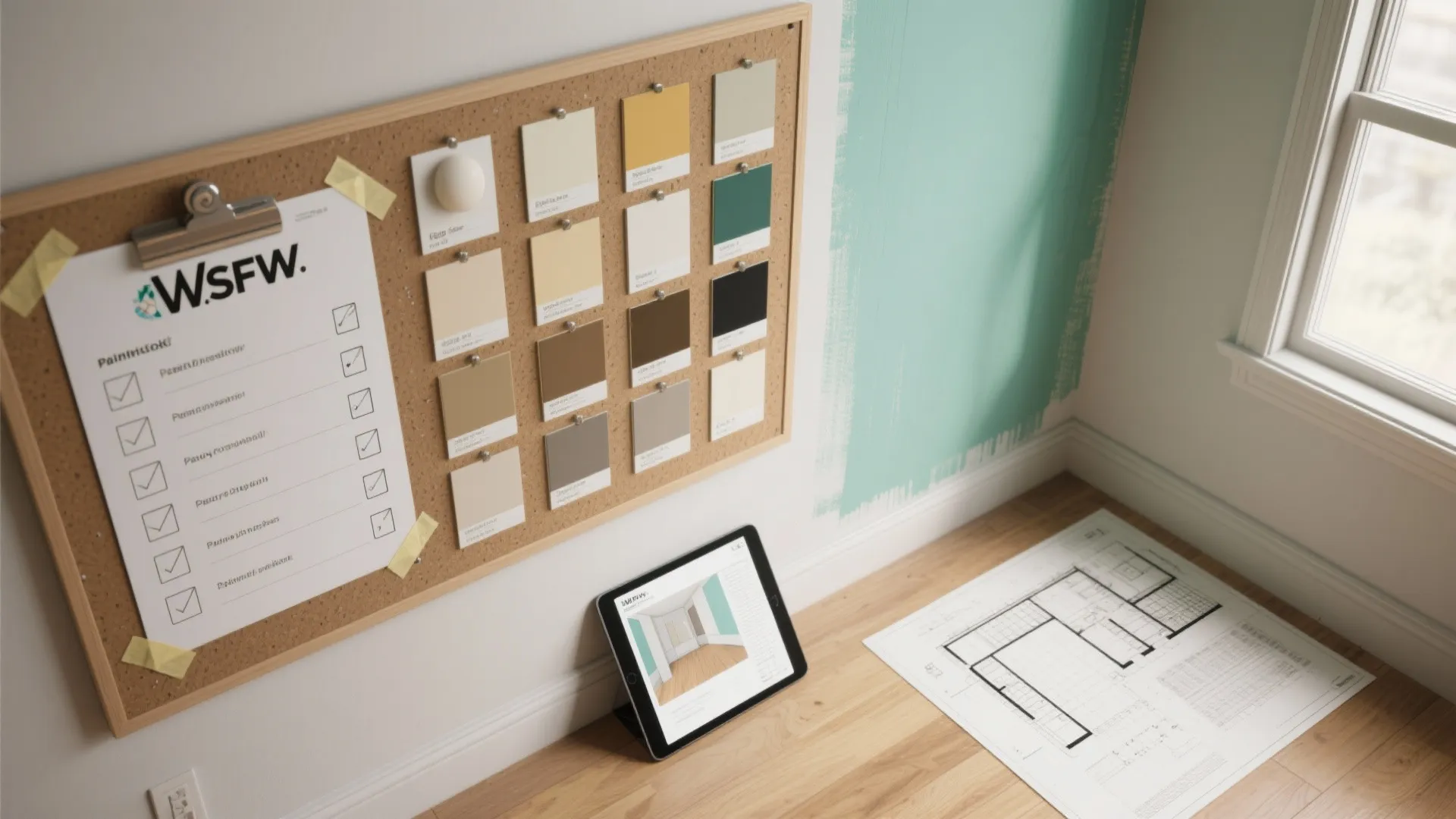 Interior design planning area with color swatches on corkboard plus tablet showing a room layout