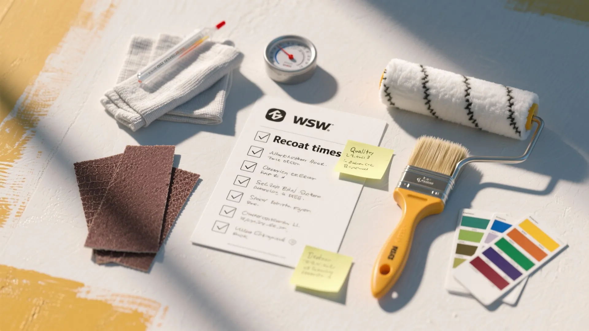 Painting checklist with a brush and roller next to color swatches on a white table
