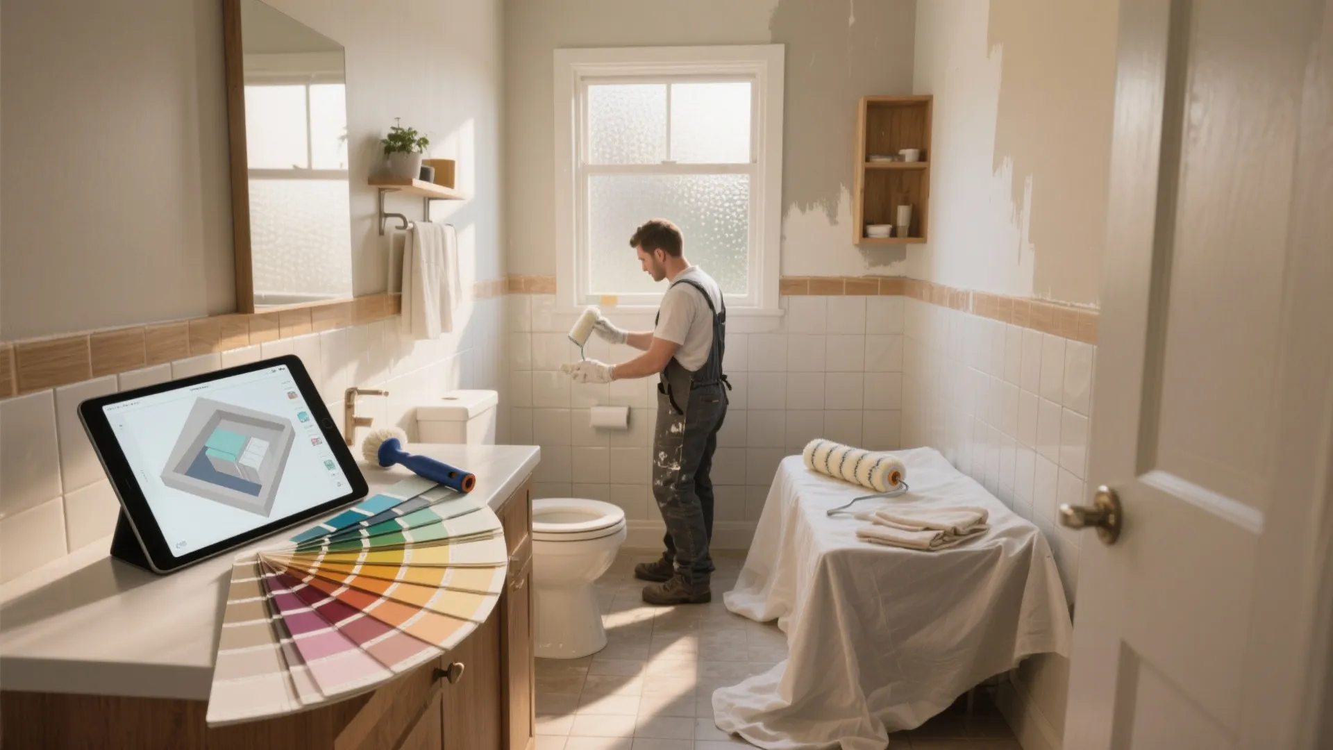 Man in overalls painting bathroom wall next to tablet showing 3d room design and colors