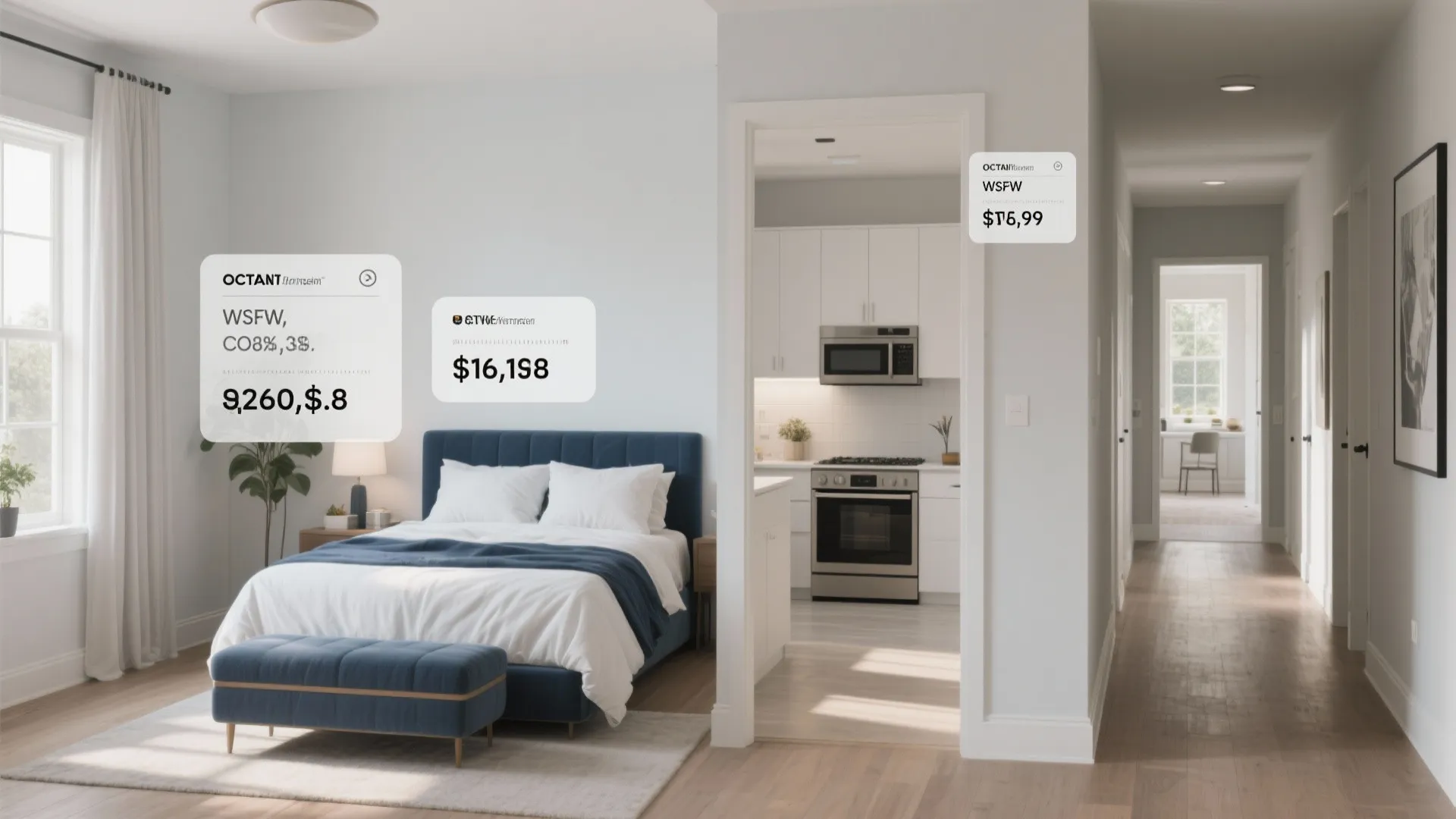 Modern bedroom with blue bed and footrest next to kitchen showing price tags and furniture