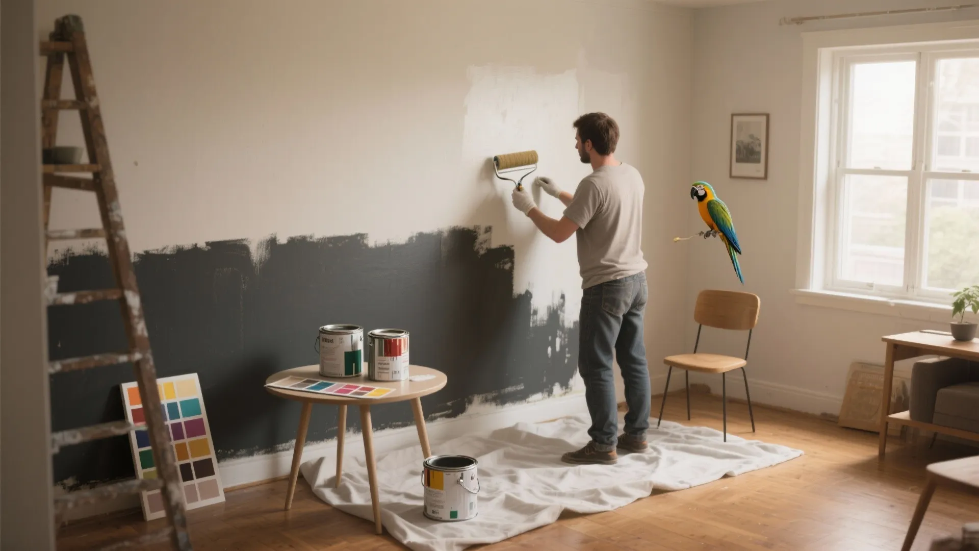 Man painting a white and dark grey wall using a roller next to paint cans