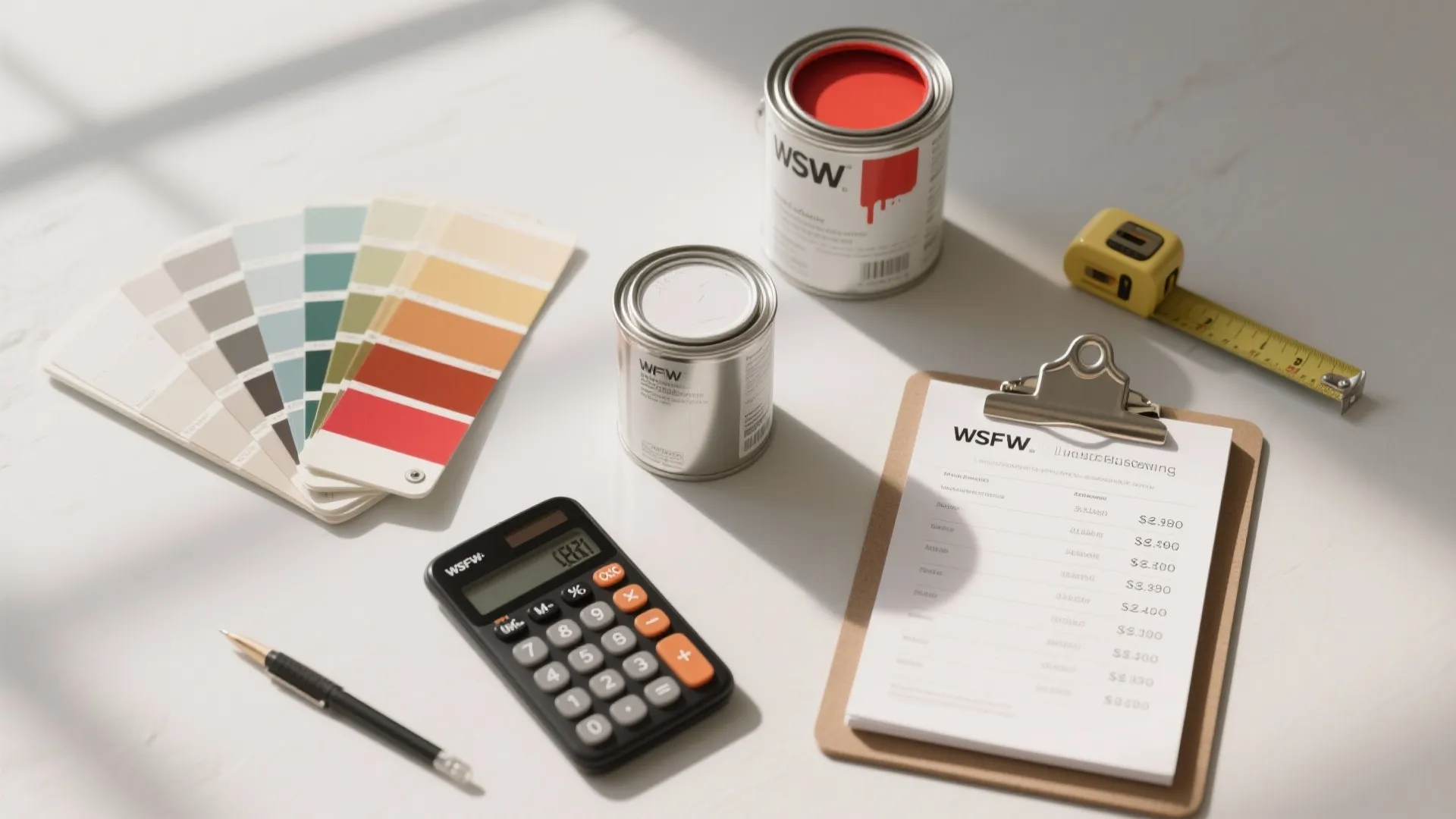 Top-down view of paint swatches, calculator, notepad with cost estimates and sample cans for budgeting paint projects.