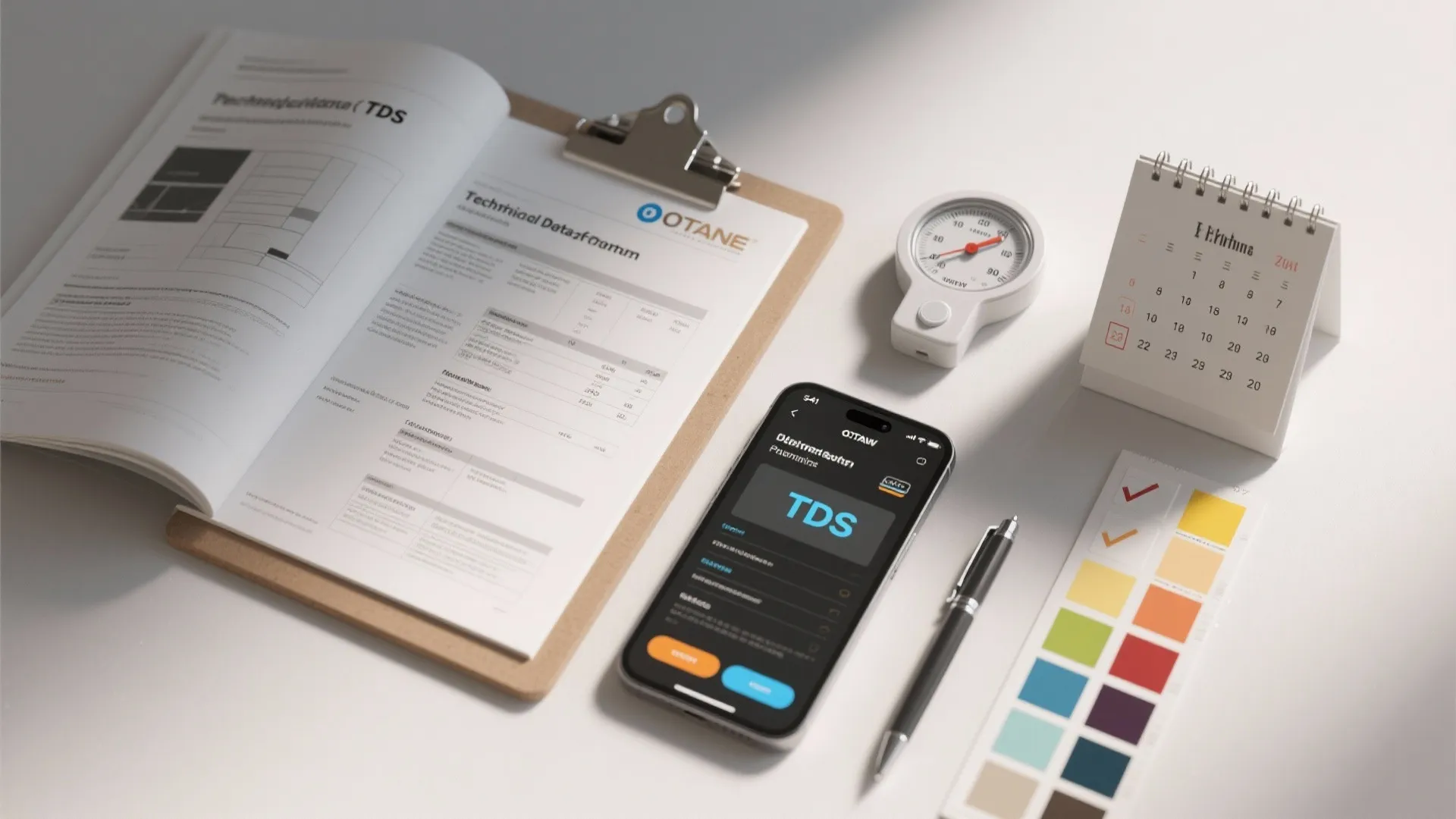 Table with technical papers mobile phone pen color cards calendar and a small round white meter