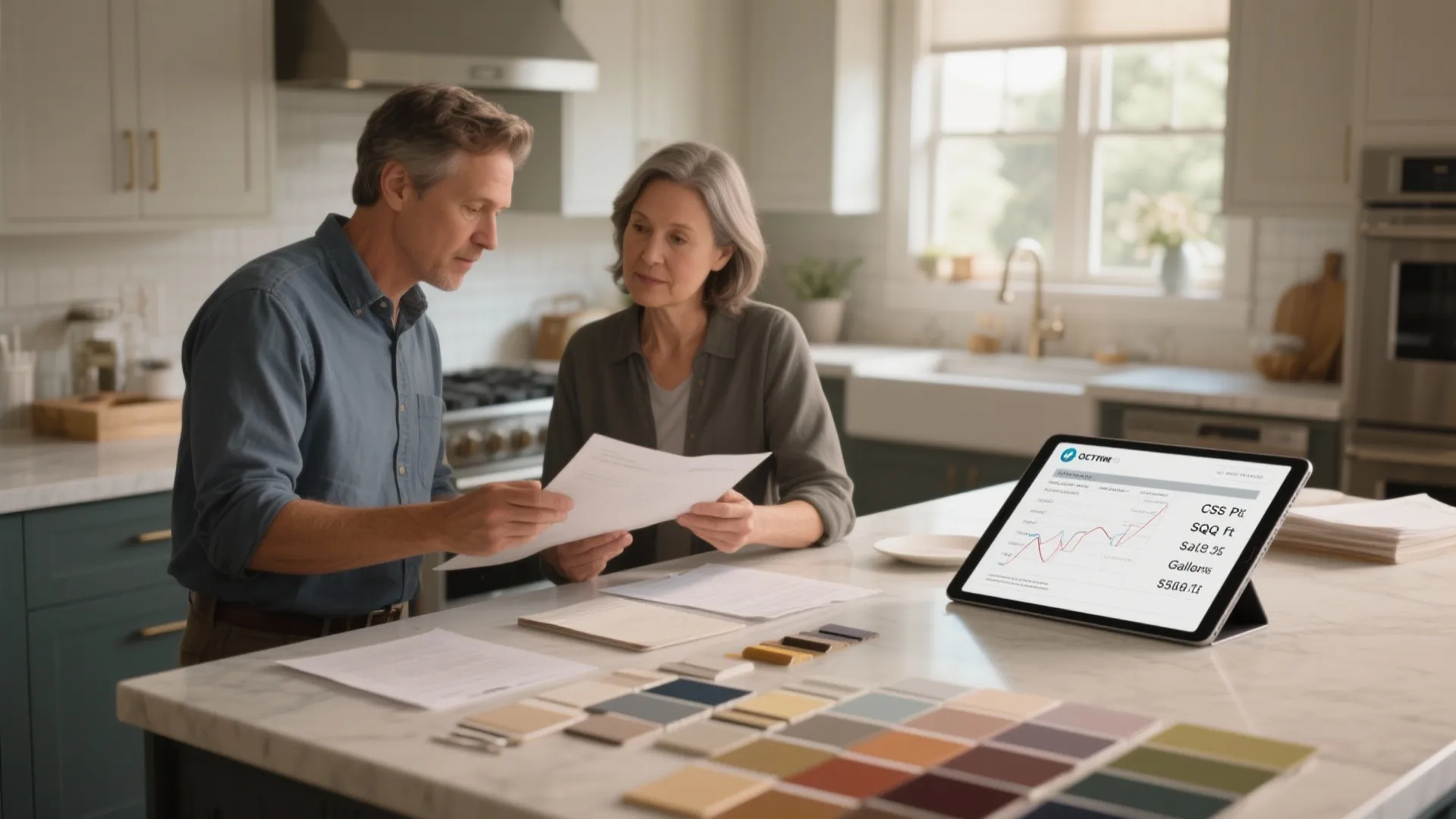Senior couple looking at renovation papers and tablet with colorful paint samples on kitchen counter