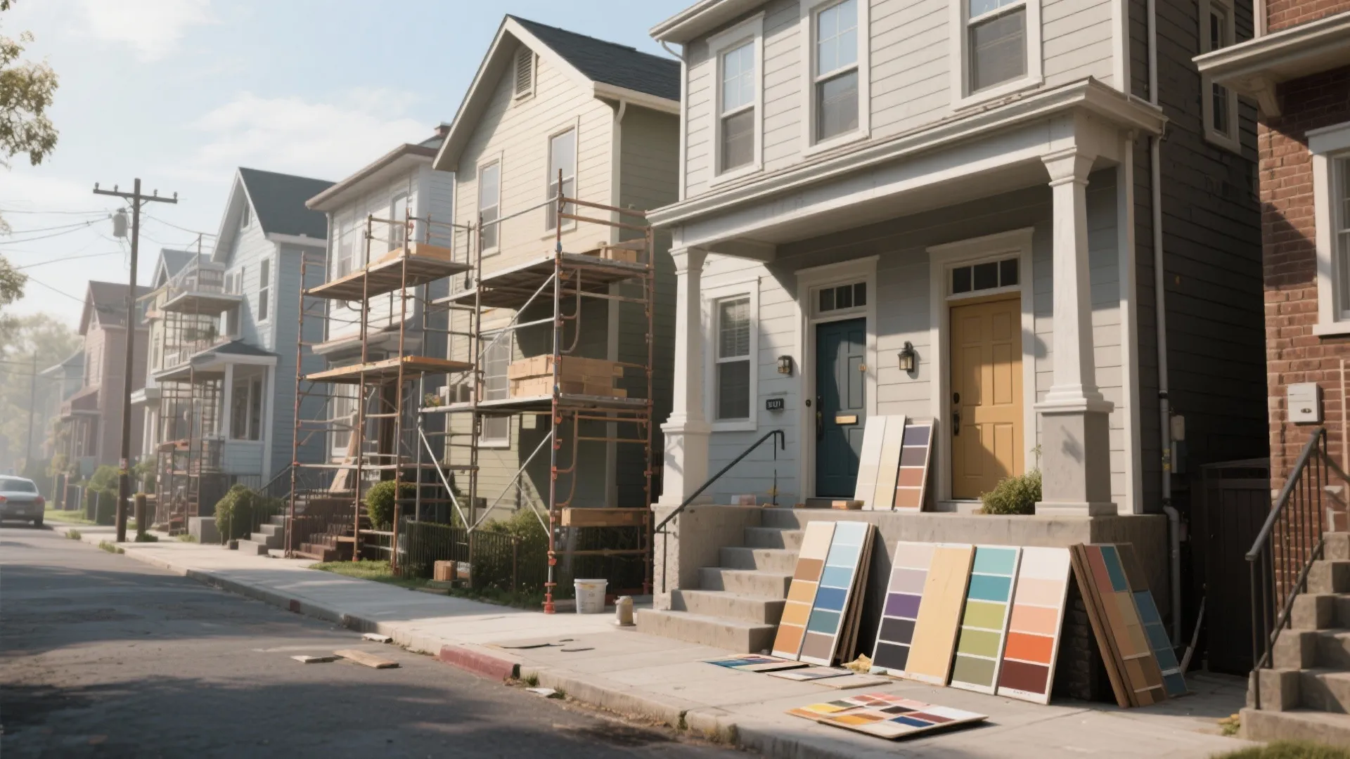 Street view of several houses with scaffolding and many colorful paint sample boards on sidewalk