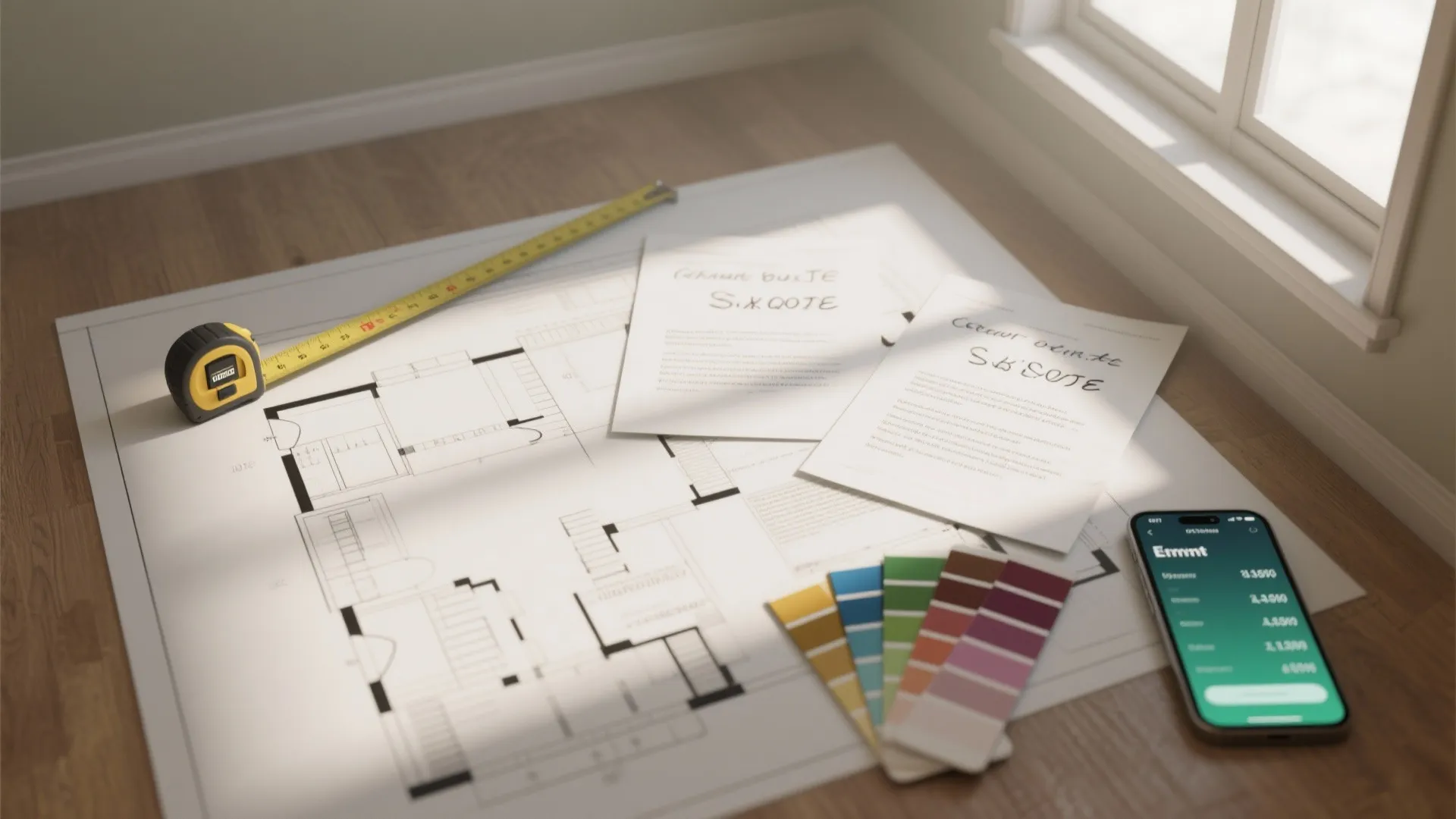 Floor plan drawing with yellow measuring tape color swatches and a smartphone on wooden floor