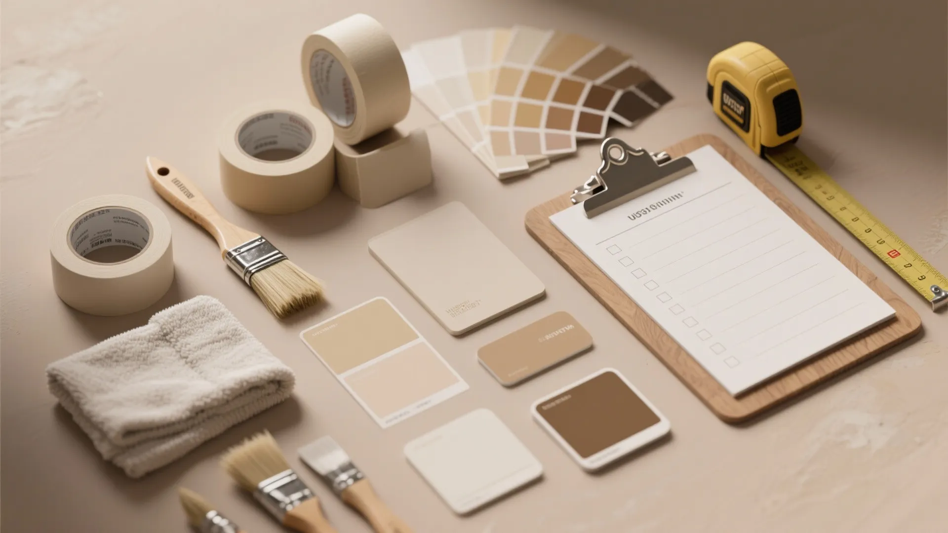 Home painting tools including brushes tape color samples tape measure and clipboard for room wall design