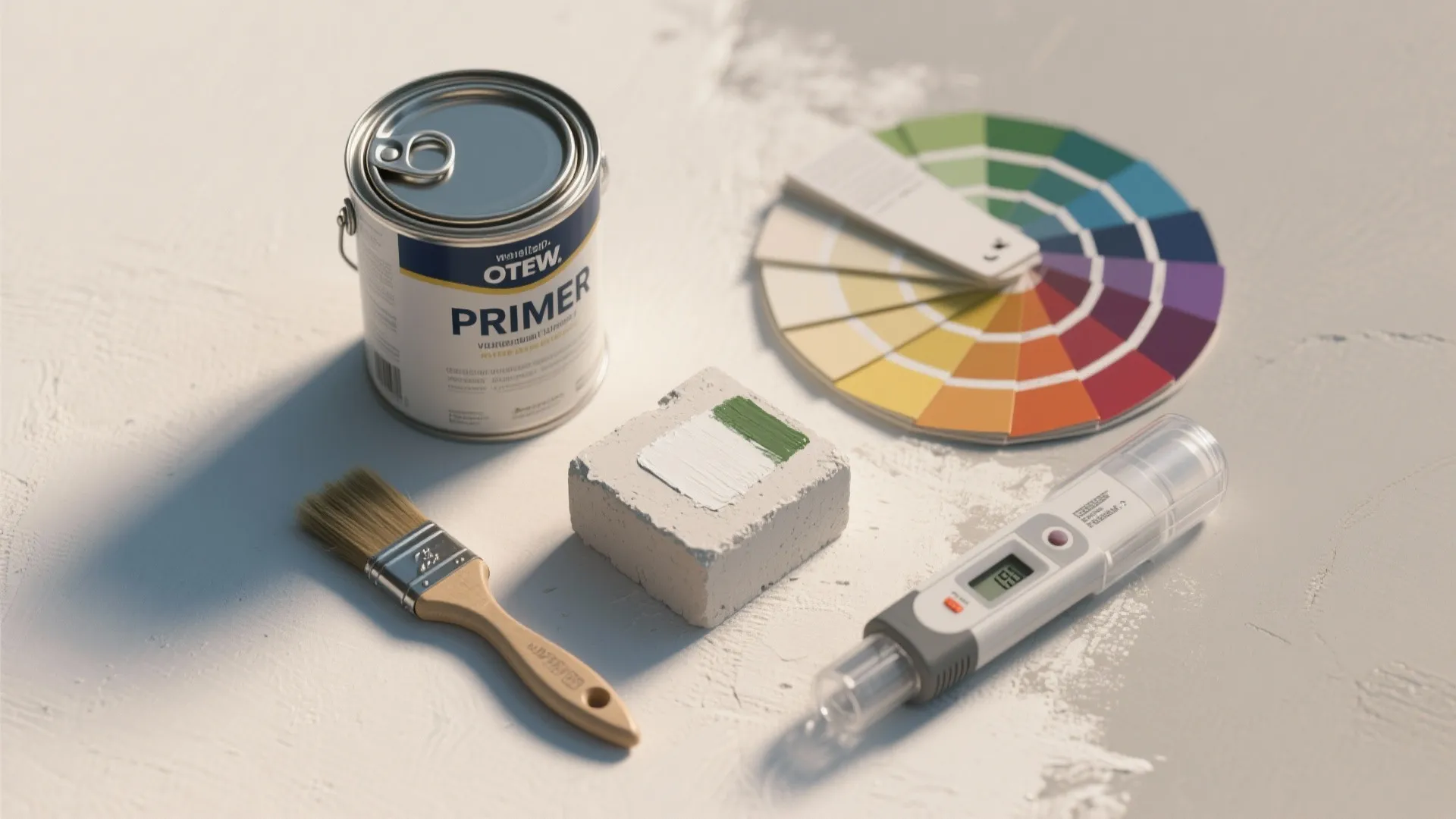 White primer paint can with a wooden paintbrush color wheel and a digital wall testing tool