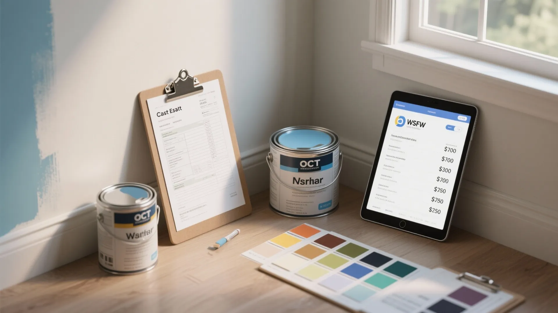 Interior scene with paint cans, a clipboard showing cost estimates, and color swatches for painting price guidance.