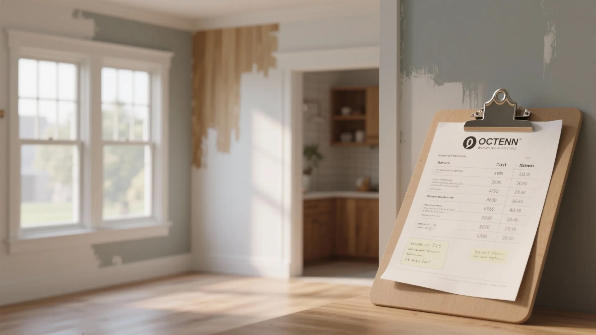 Clipboard with cost estimate document in front of a room with partially painted green walls