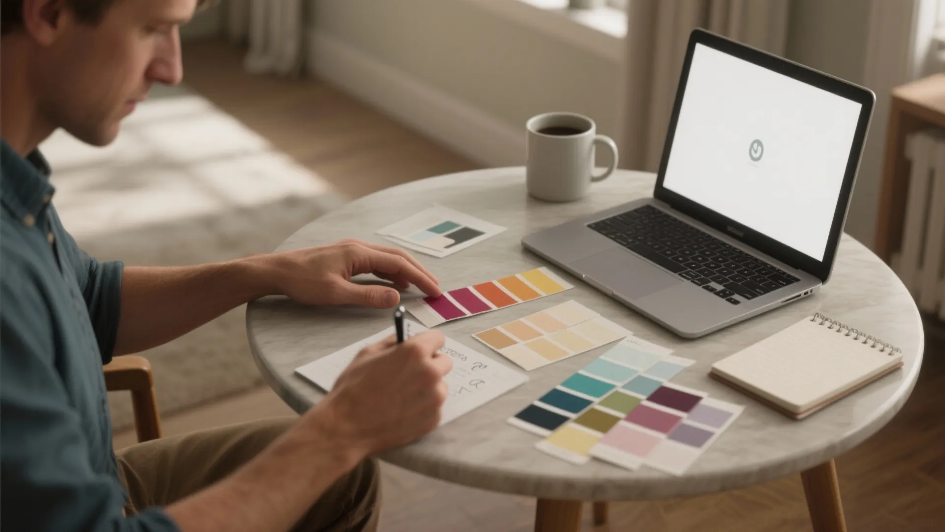 Homeowner comparing paint swatches and notes while researching painting questions.