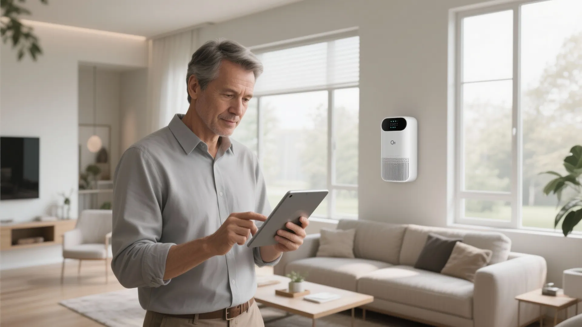 Man using a tablet to control a wall mounted air purifier in a modern living room