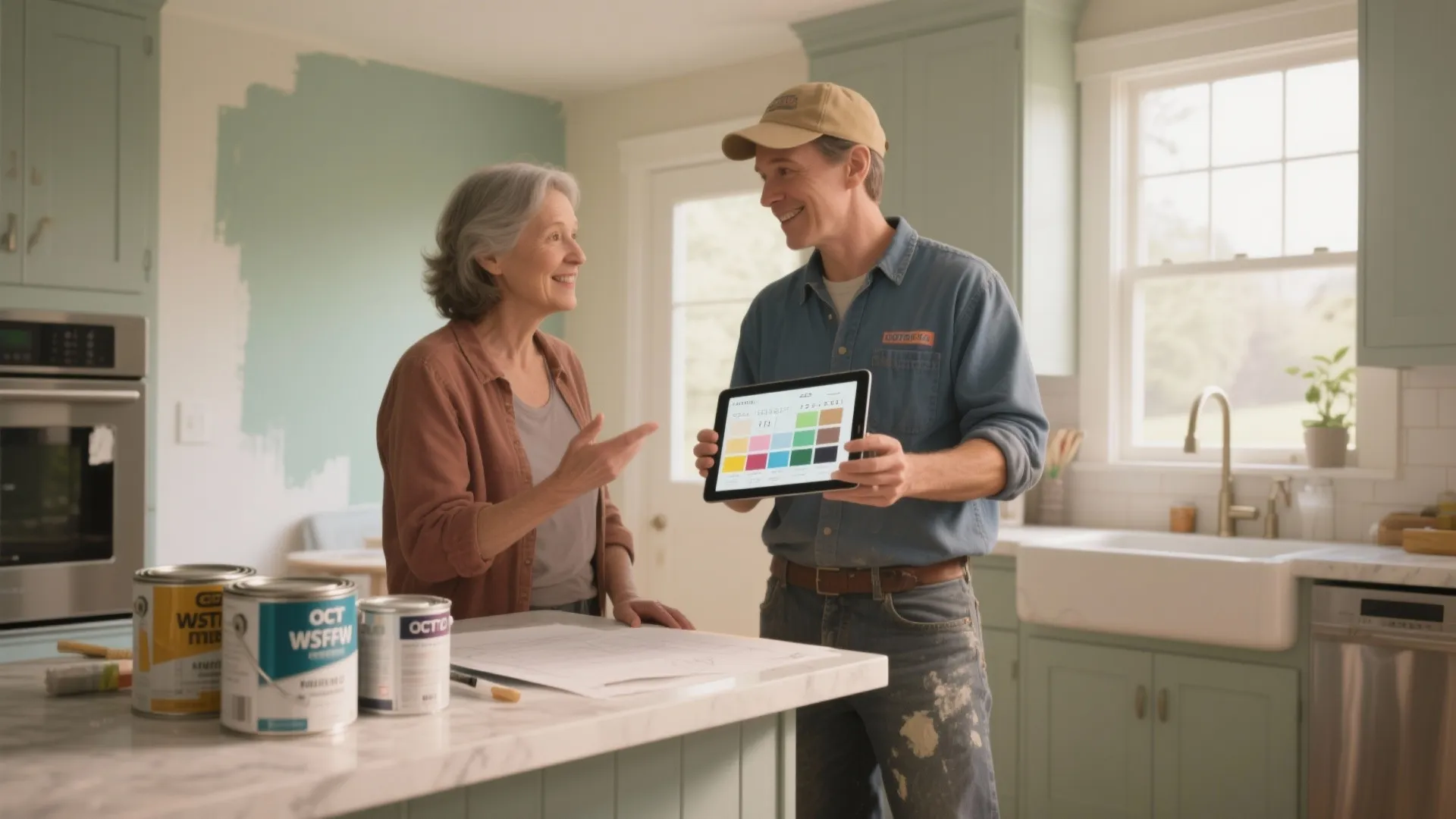 Interior designer showing color palette on tablet to woman in kitchen with green wall paint