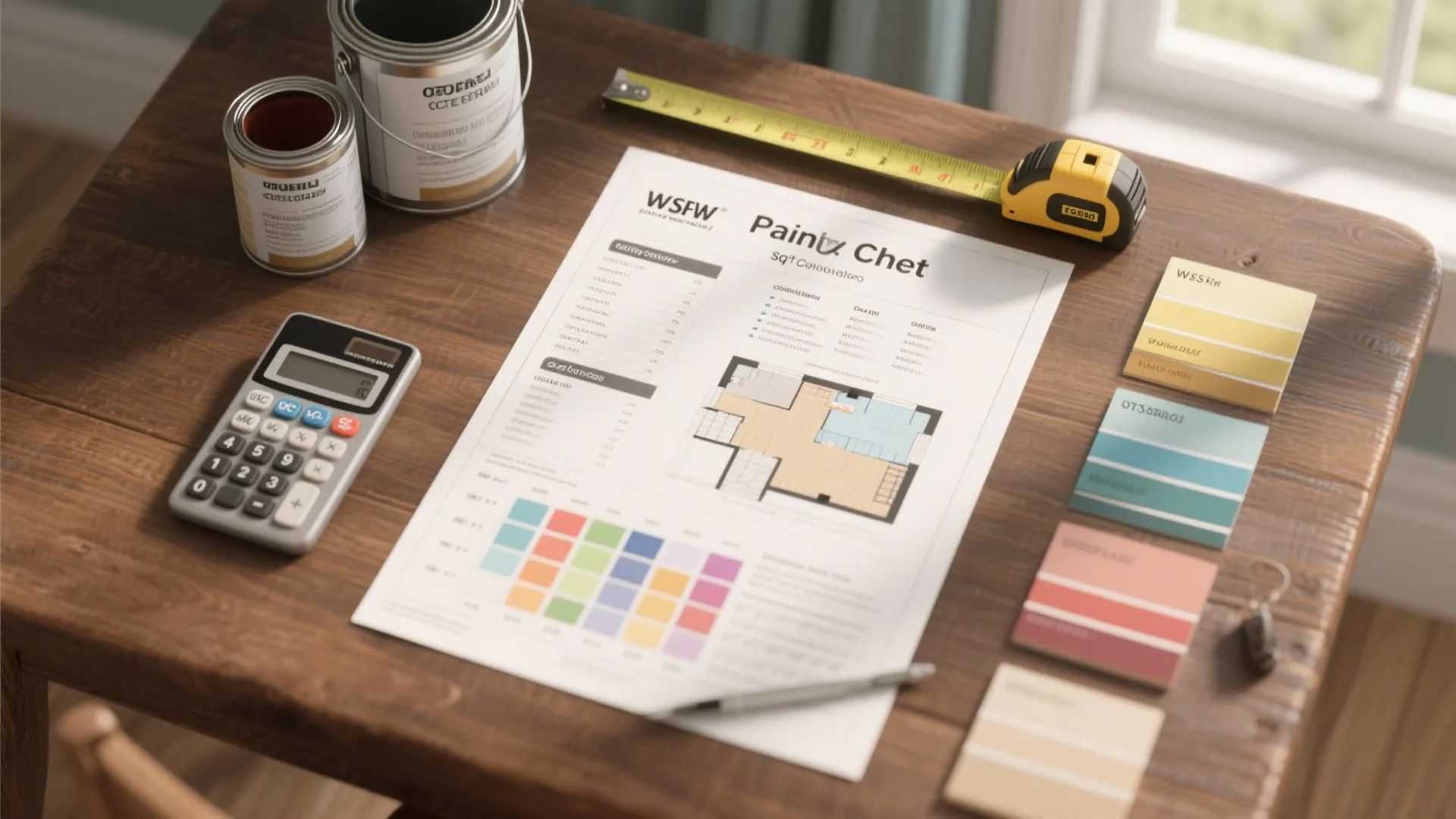 Top-down painting cheat-sheet with measuring tape, calculator, sample pots and coverage chart
