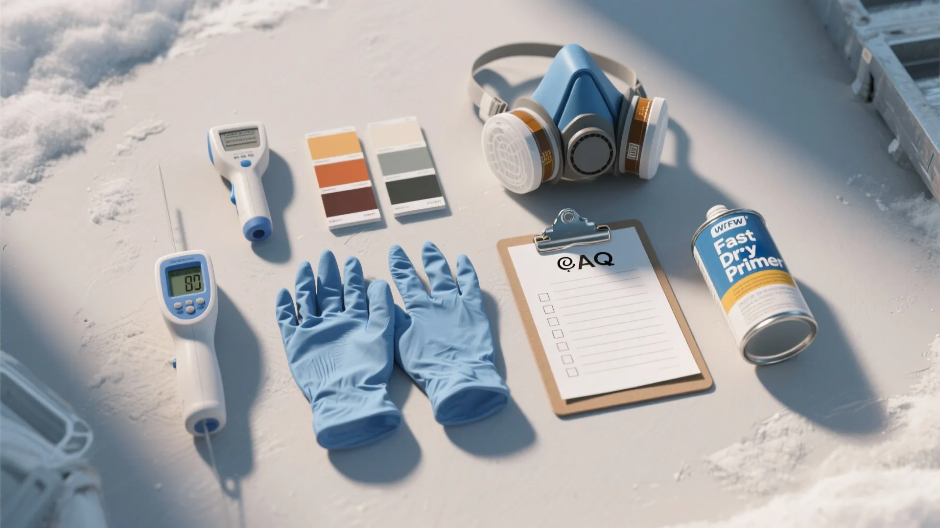 Painting safety tools including blue gloves mask color swatches primer can and digital testing tools