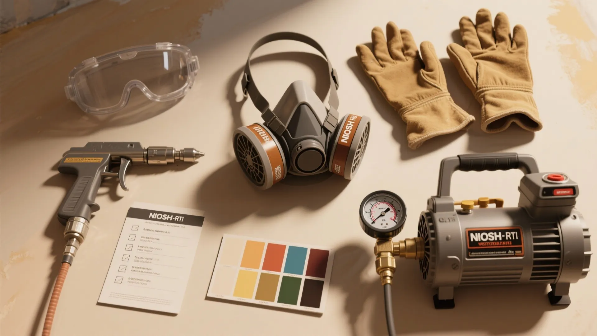 Flatlay of respirator, goggles, gloves, ventilation fan and compressor gauge for safe interior spraying.