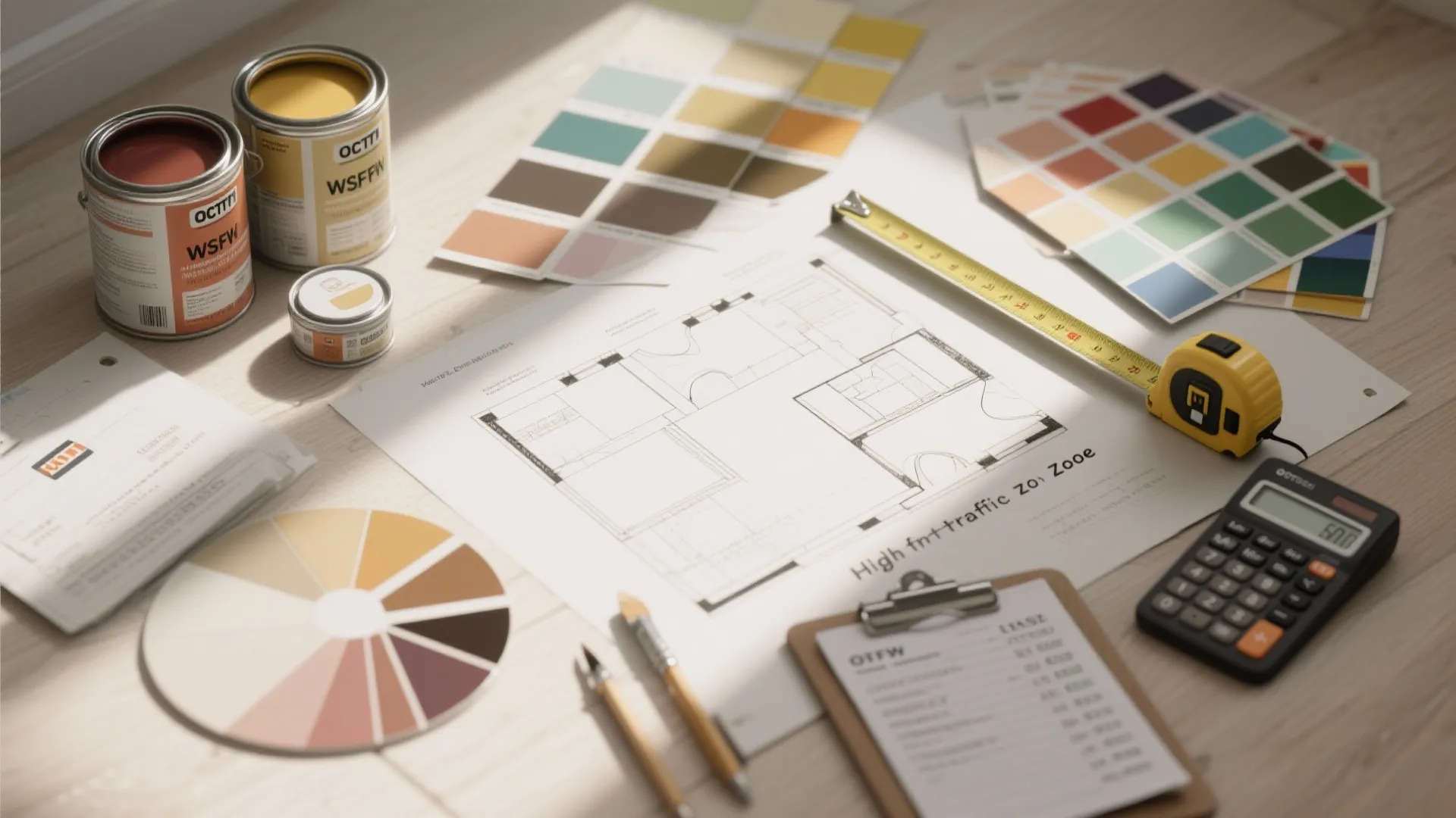Flatlay of paint swatches, cost notes, calculator and floor plan sketch used for painting estimates.