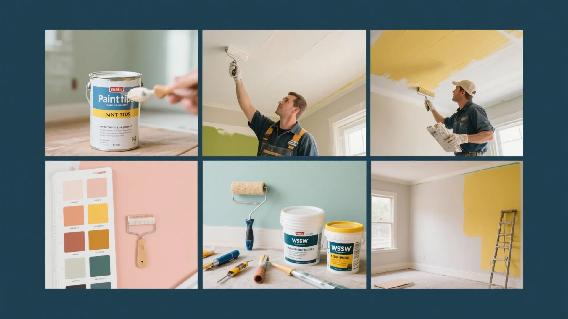 Collage of images showing wall painting tips including paint cans brushes rollers and a color palette