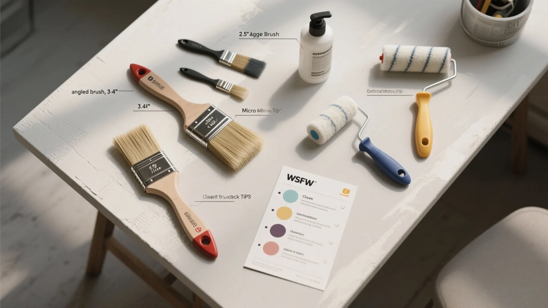 Top-down layout of painting tools and a quick tips card illustrating brush sizes and cleaning steps.
