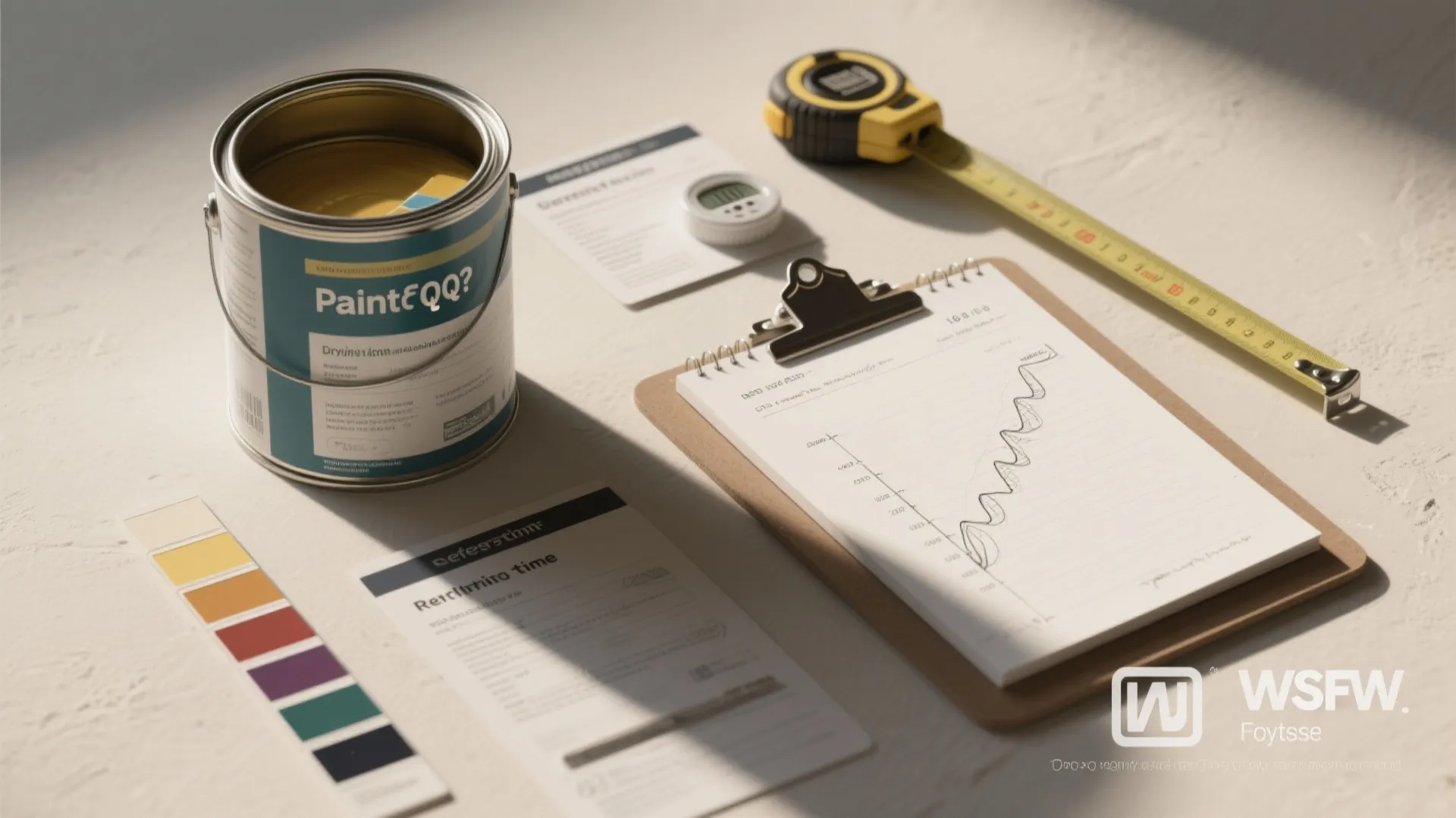 A paint can with a tape measure color swatches and notes on a wooden clipboard