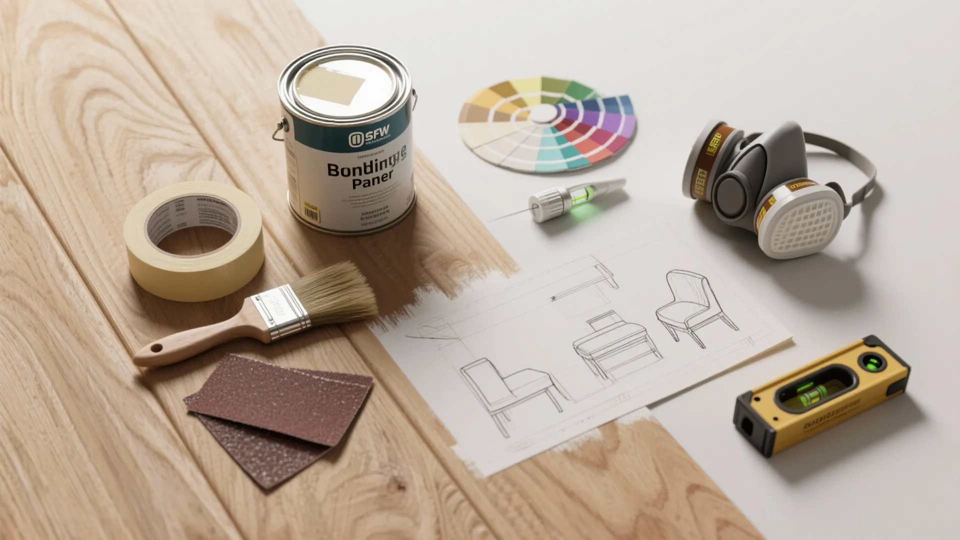 Overhead flatlay of primer, paint swatches, brushes, tape, sandpaper and a laser level for painting paneling.