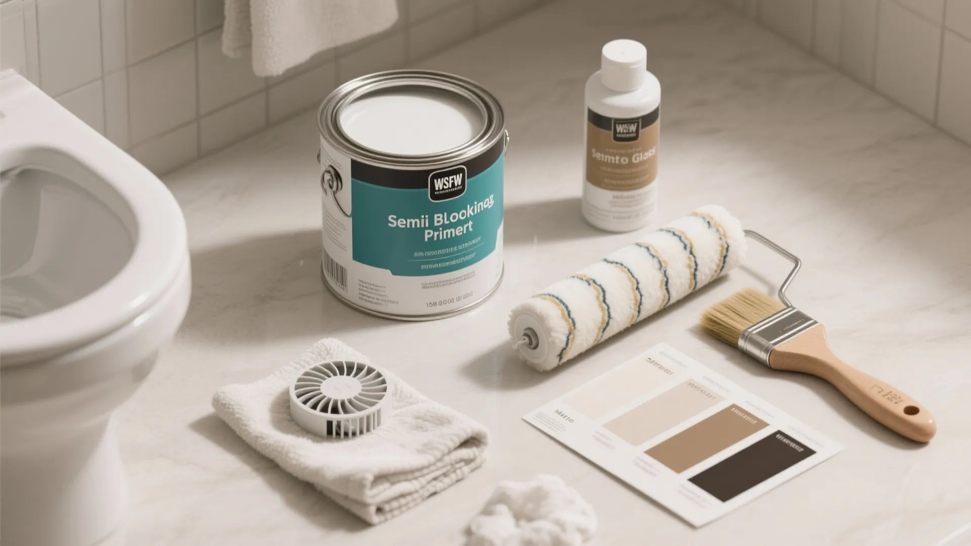 Paint bucket with white primer roller brush color samples and bottle on light bathroom counter