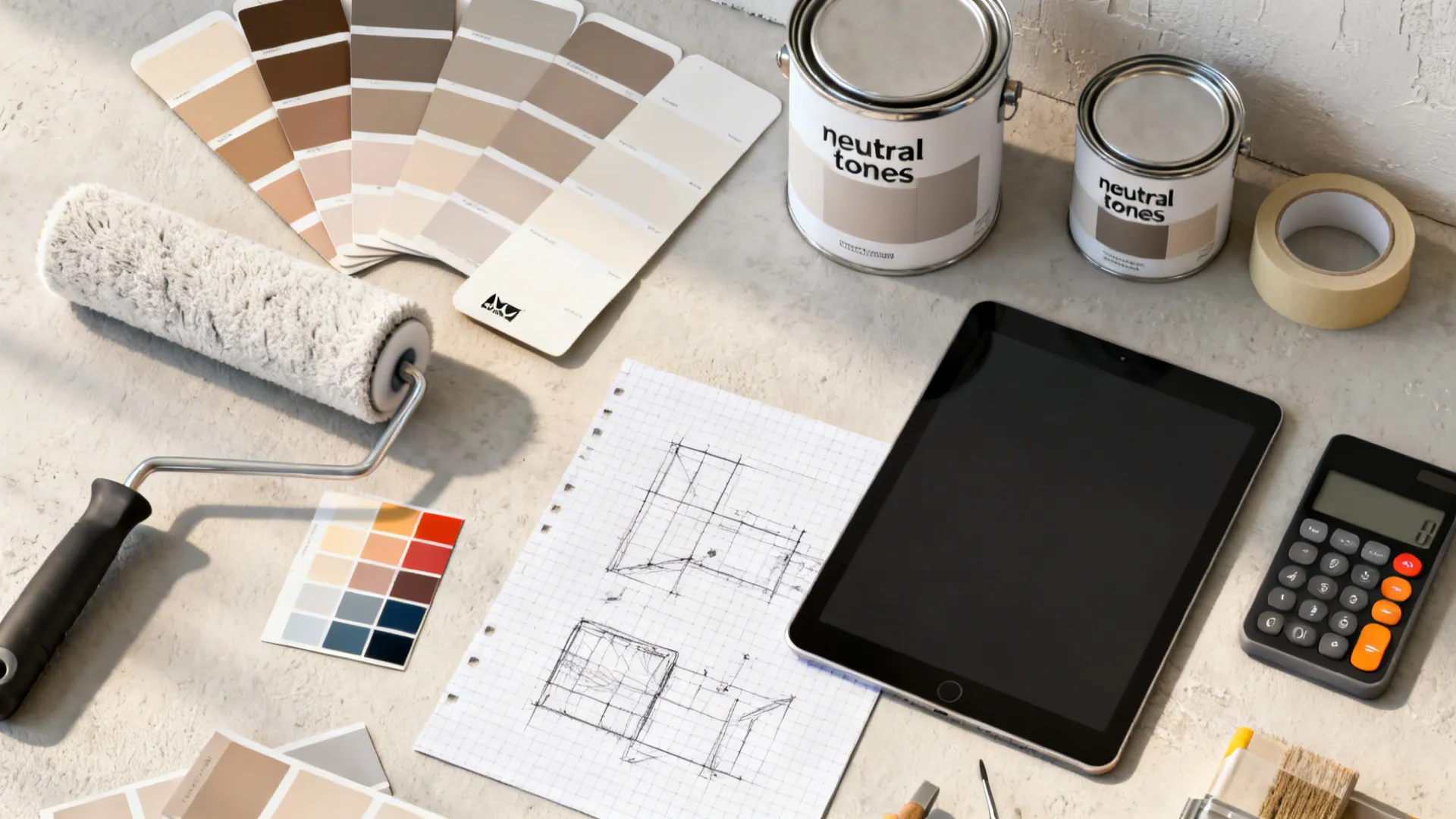 Flatlay of paint swatches, rollers, tape and sketches for planning an accent wall
