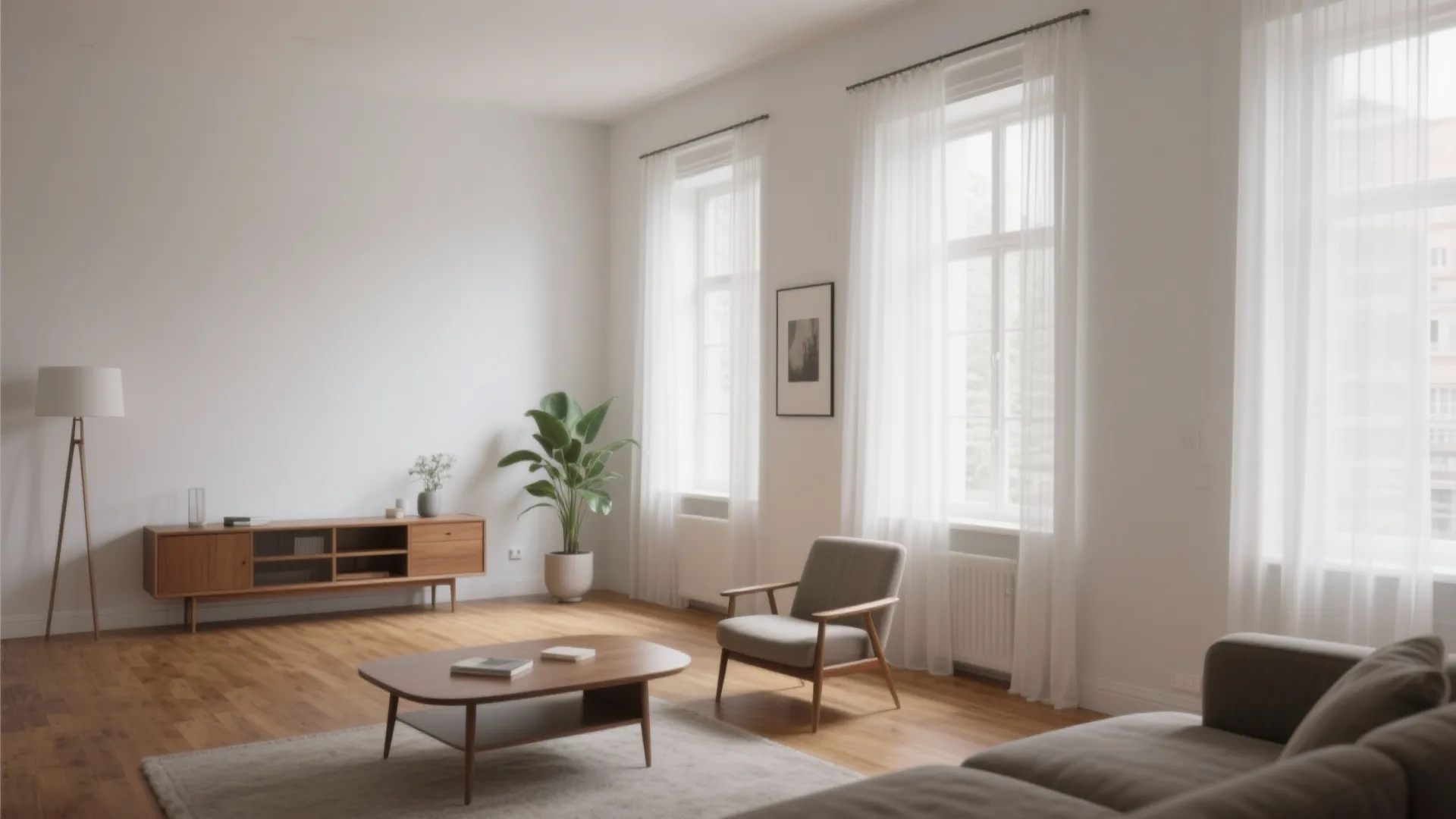 Modern bright living room with wooden floor white walls grey sofa coffee table and floor lamp
