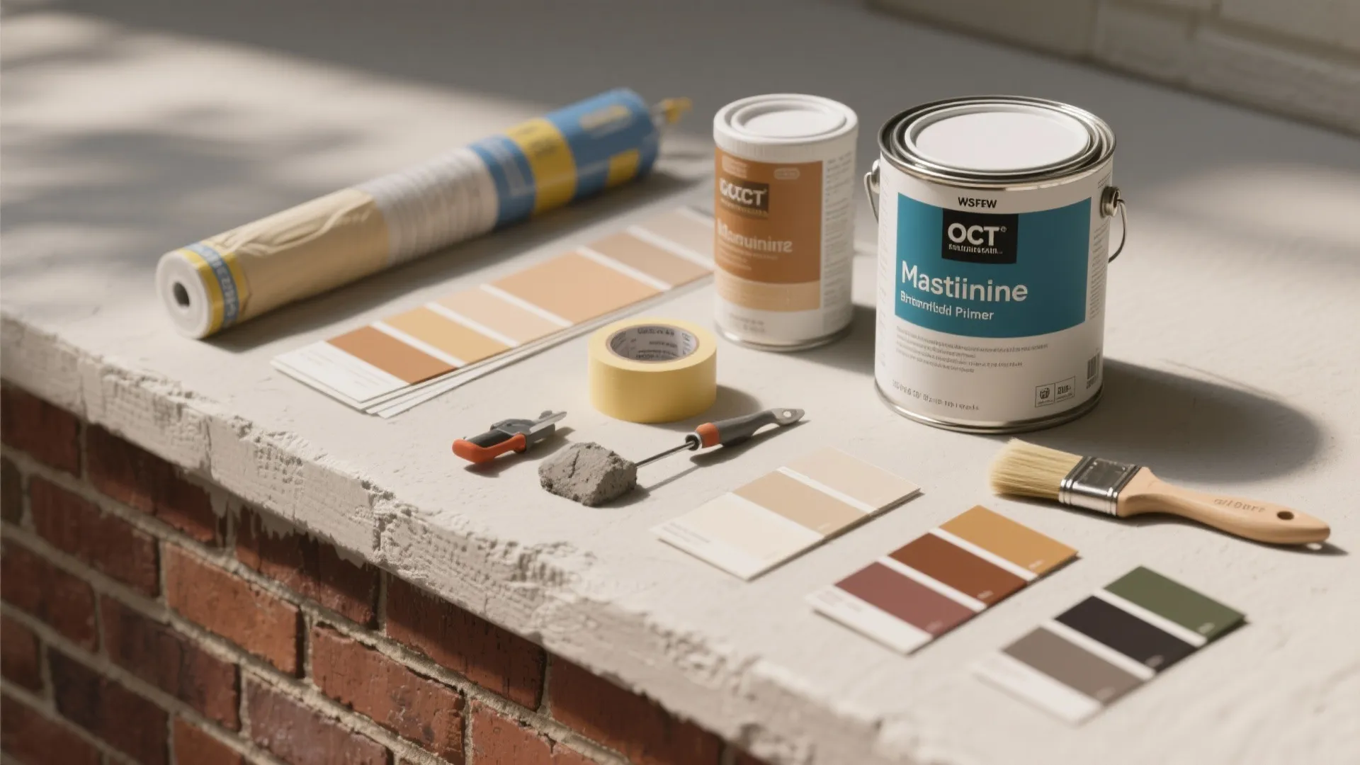 Collection of home painting supplies including paint cans brushes color swatches and yellow masking tape