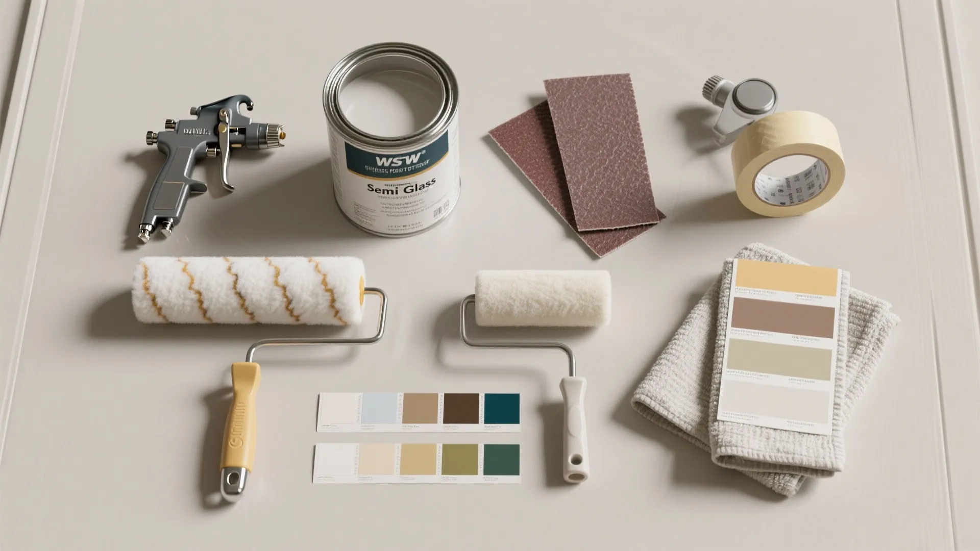 Painting tools with paint can spray gun rollers tape and sandpaper on grey flat surface