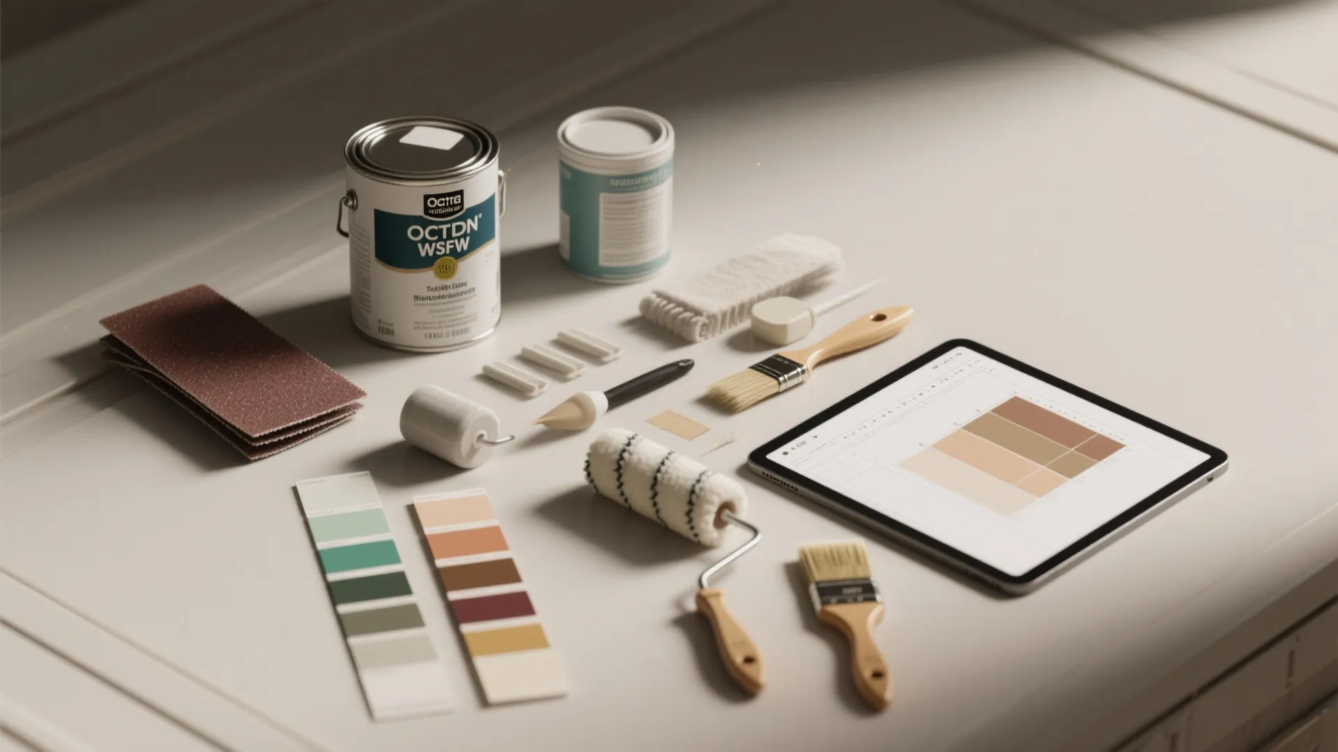 Painting supplies including paint cans brushes rollers sandpaper color swatches and a tablet on white surface