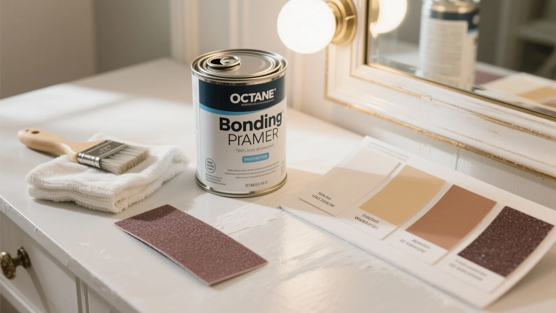 Can of primer with a brush and towel next to color cards on white table