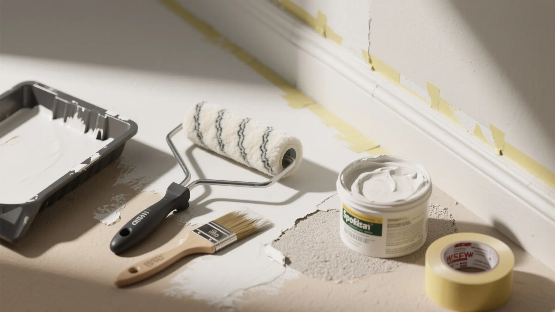 Paint roller, brush, tray, and bucket of white paint on floor with yellow masking tape