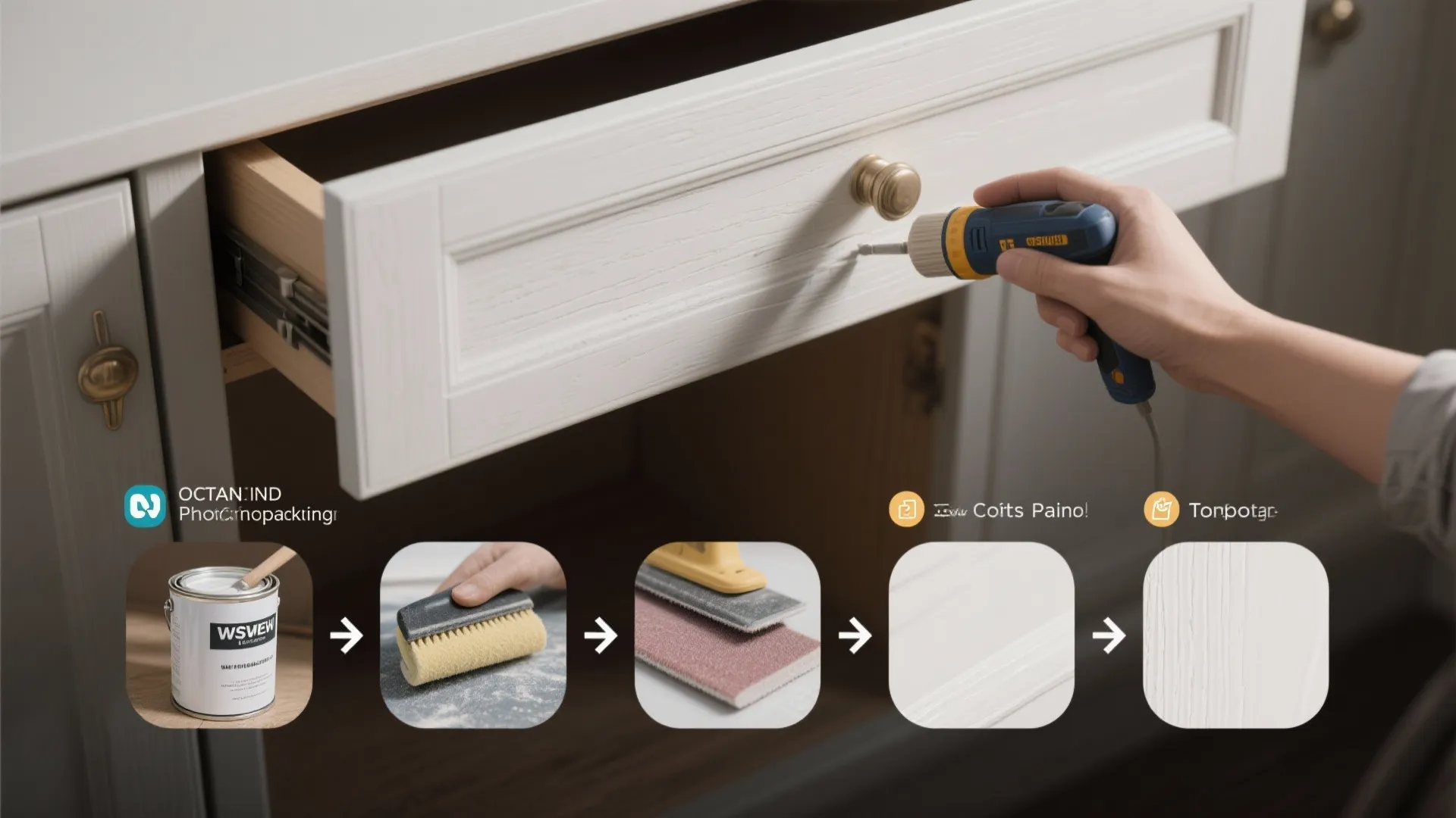 Top-down visual of the cabinet painting workflow: prep, prime, paint, and topcoat with tools laid out.