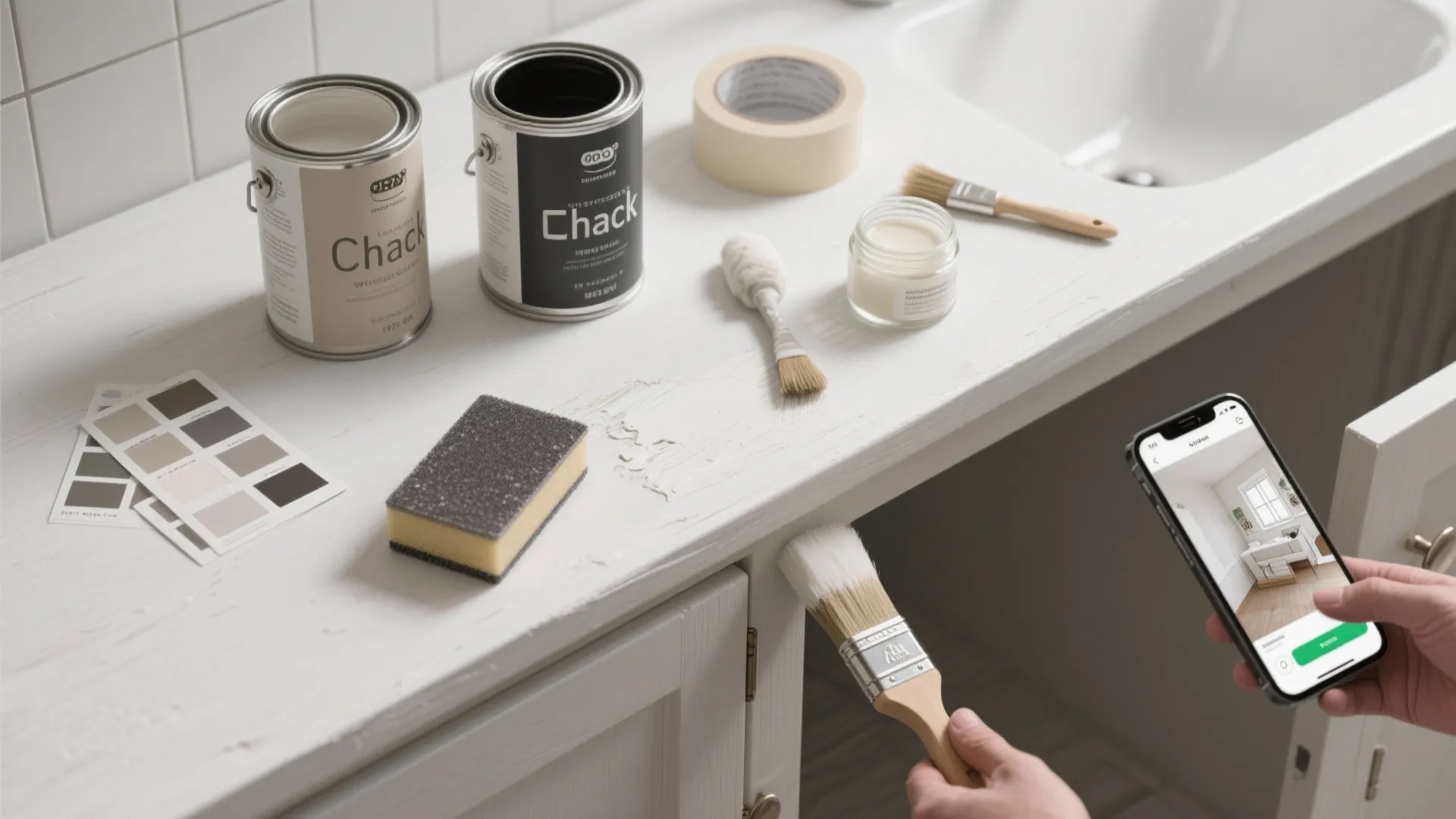 Top-down view of tools and steps for chalk painting cabinets including sandpaper, brushes, tape and sealant.