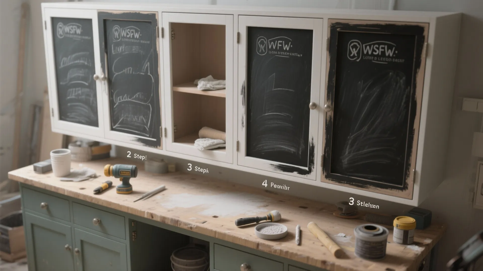 Interior design drawing showing the step by step process of painting chalkboard panels on cabinets