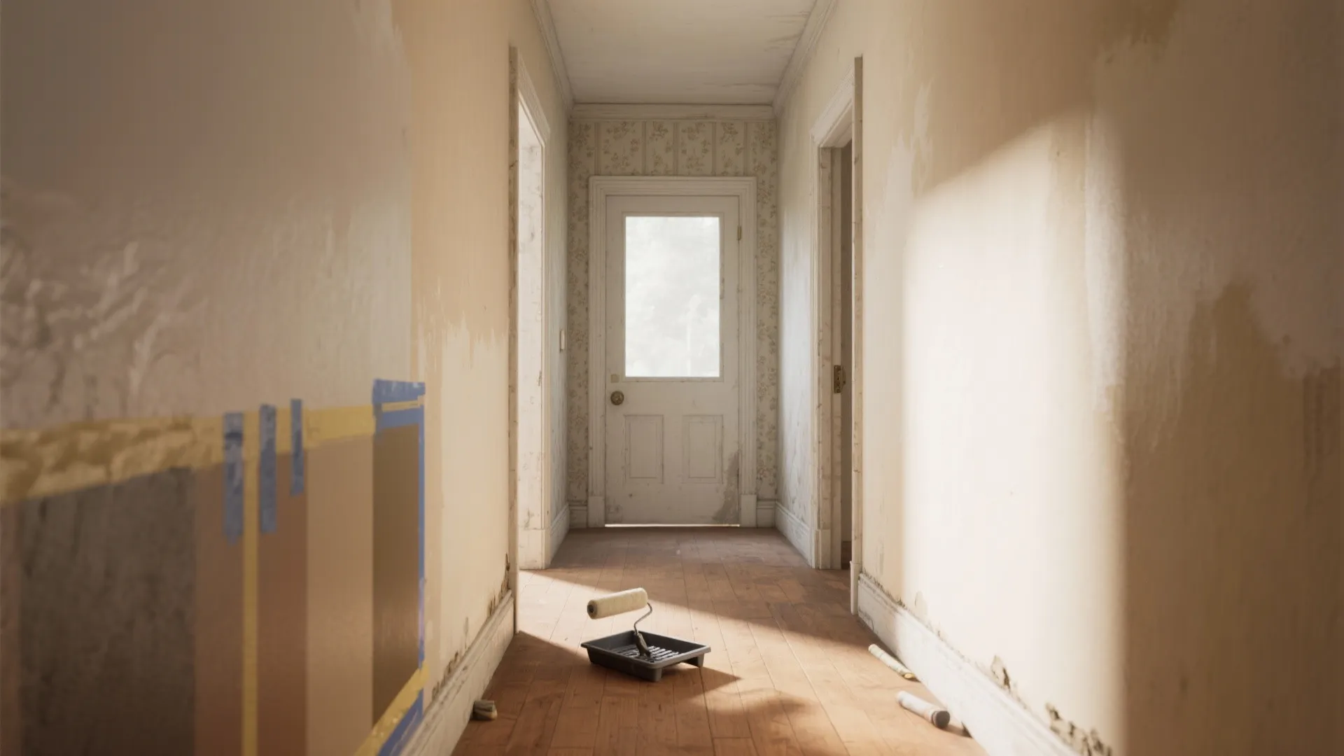 Empty hallway during home renovation with paint roller tray on floor and partially painted walls