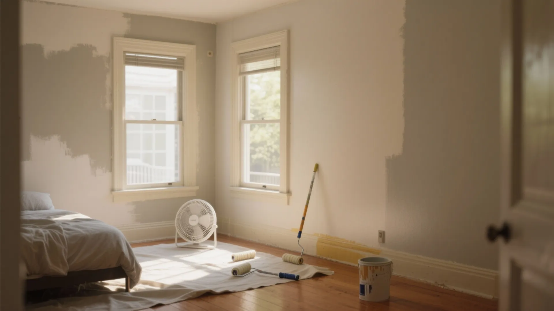 Bedroom renovation scene with paint rollers white floor cover small fan and half painted walls
