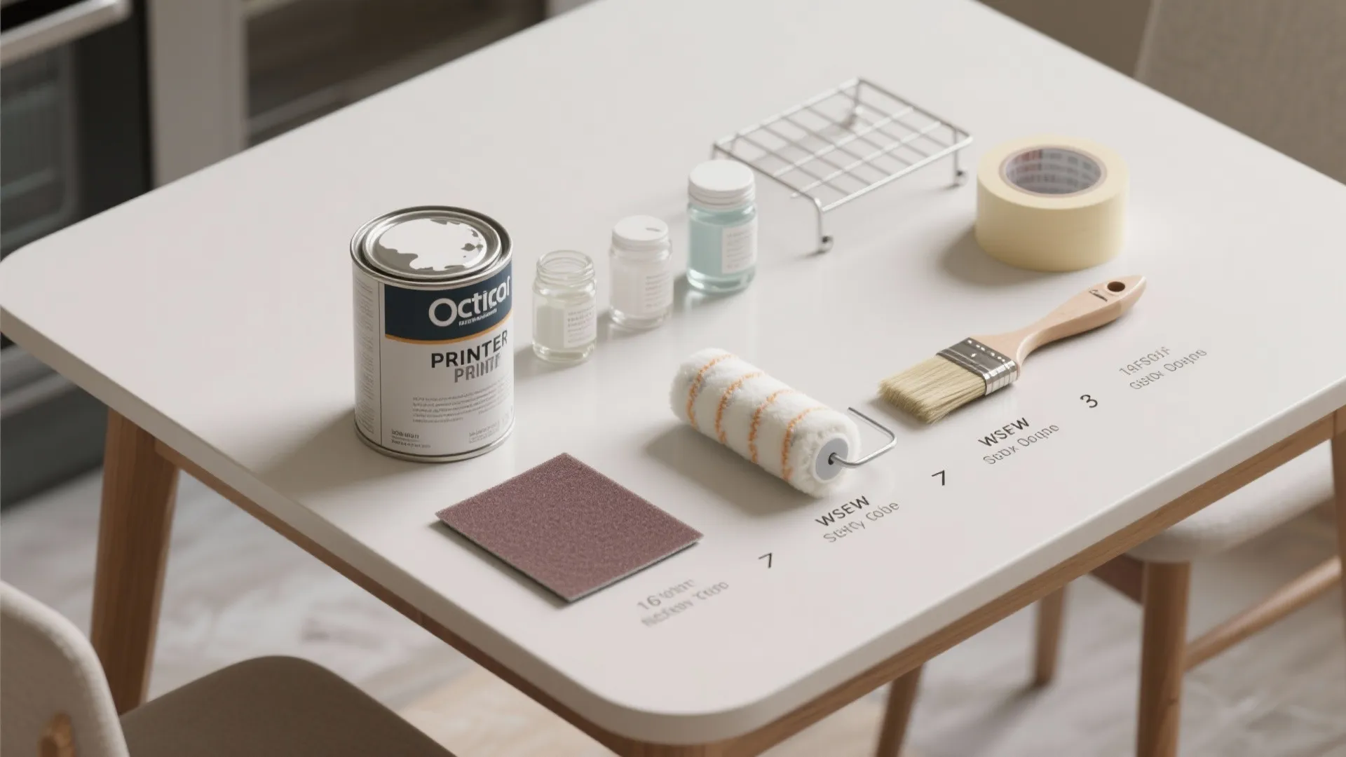 Paint can small jars paint roller brush masking tape and sandpaper on a white table