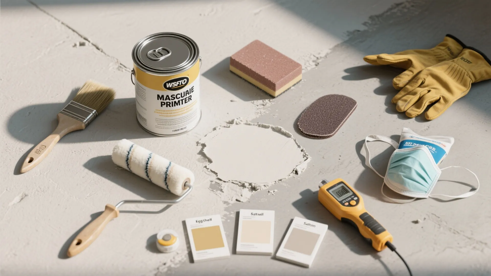Various home painting tools including paint can brush roller gloves and mask on floor surface