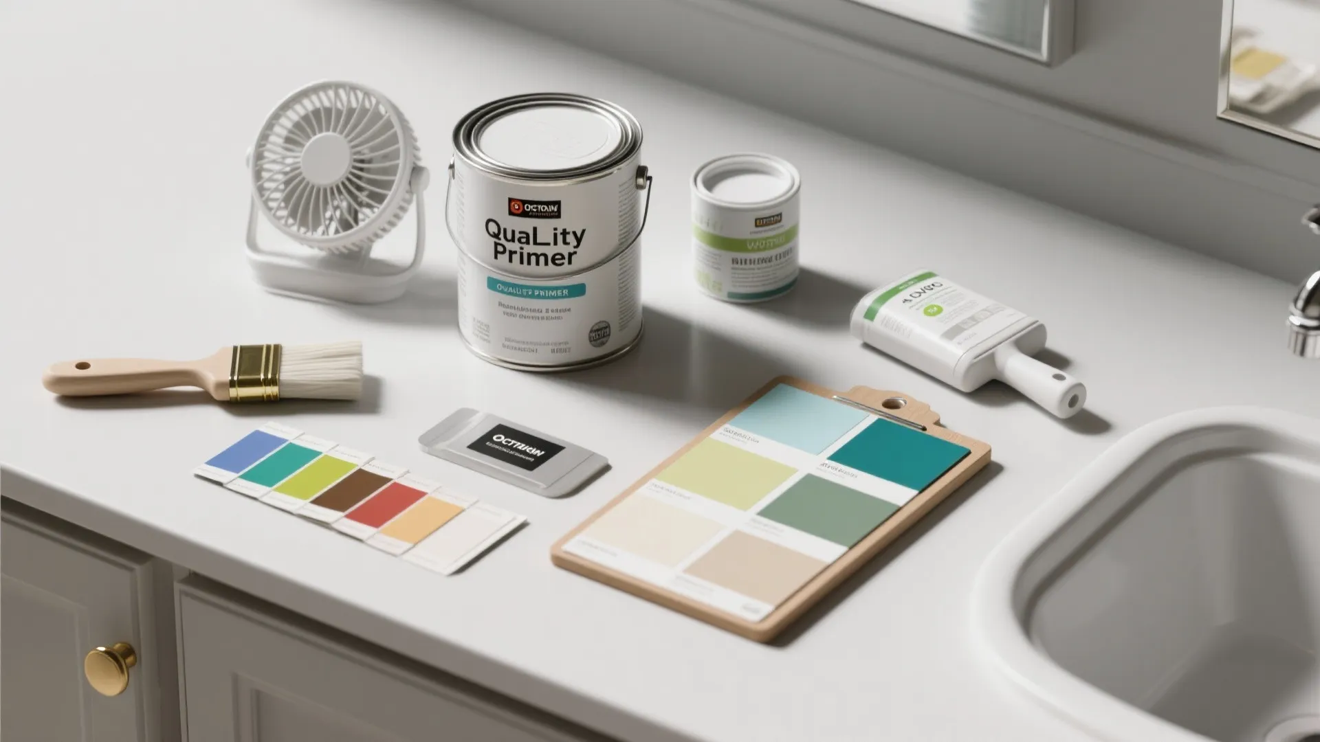 Flatlay of primer, paint samples, moisture-resistant topcoat and sampling board for cabinet testing.