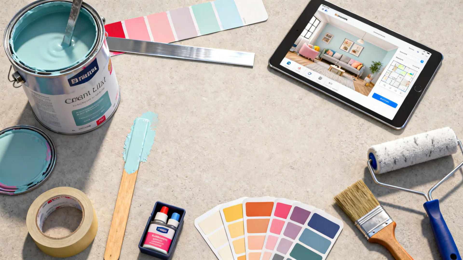 Flatlay of quality paint gallon, swatches, painter's tape, brushes, and a tablet with a room mockup.