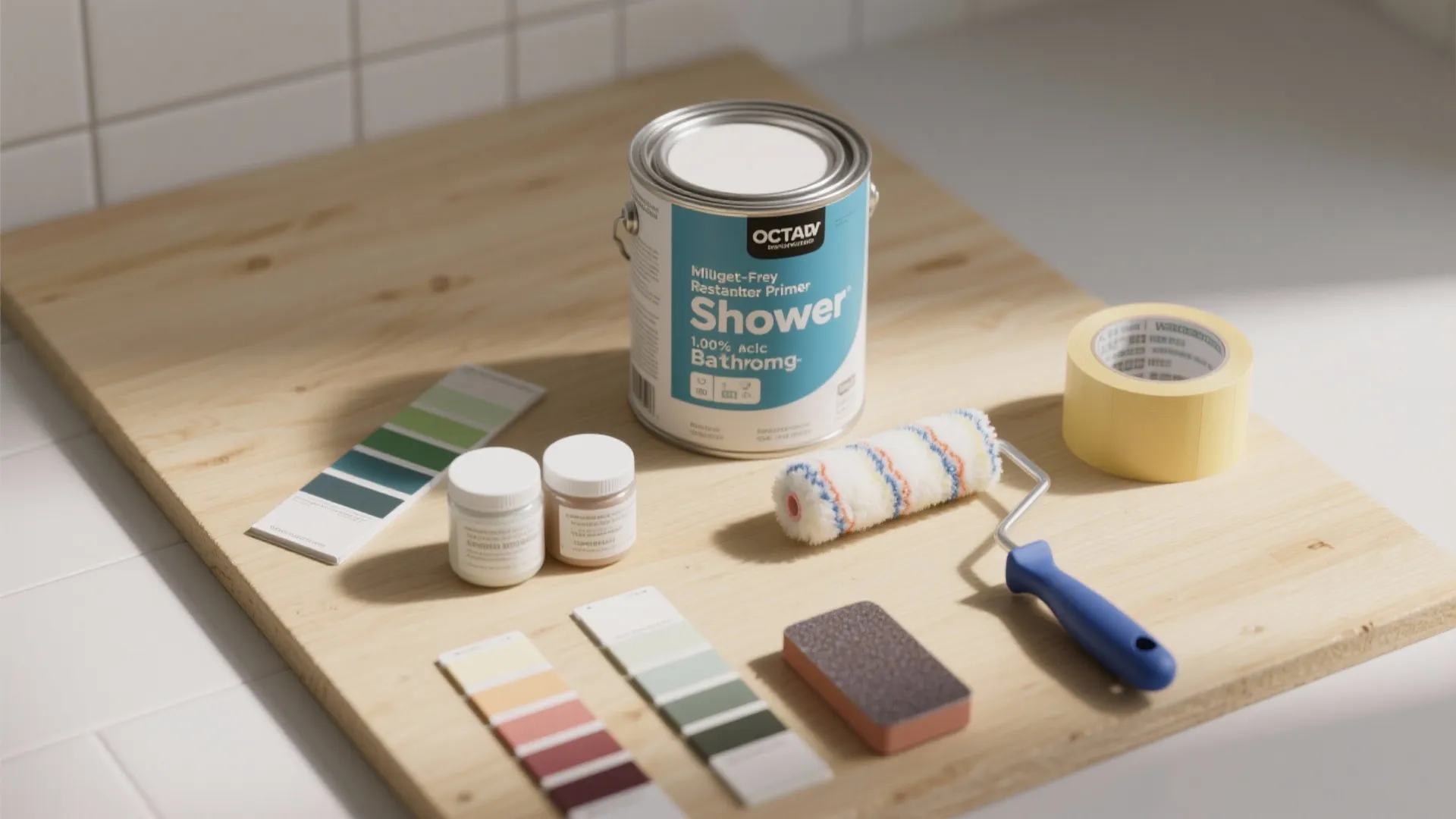 Top-down flatlay of primer, acrylic bathroom paint, epoxy jars, roller and angled brush on a board.