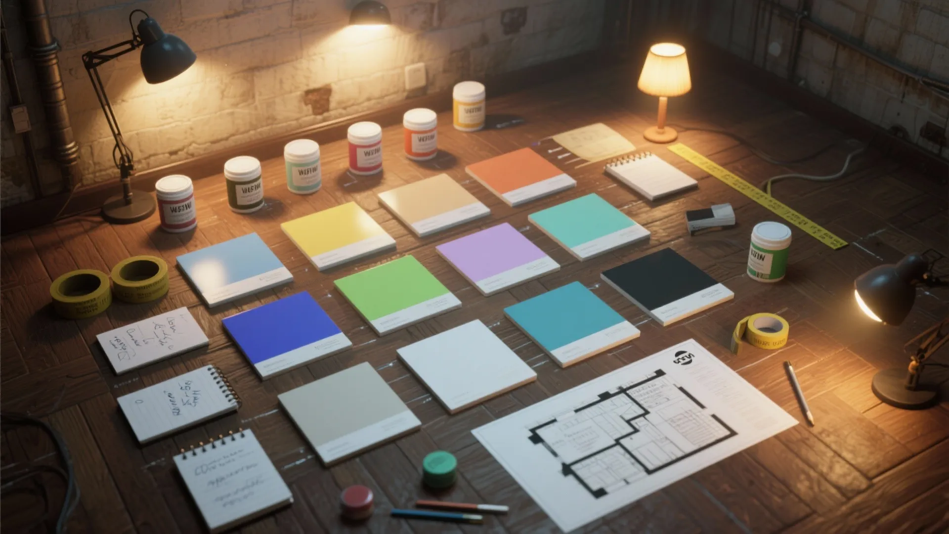 Top-down view of paint testing workflow with sample boards, tester pots, lamps and a small 3D floorplan.